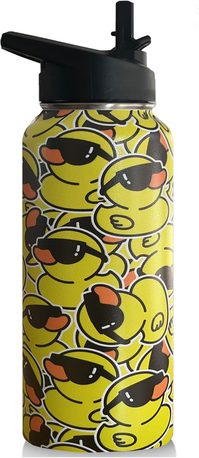 32oz Duck Water Bottle Insulated Vacuum Stainless Steel Tumbler Travel Mugs with Straw for Gym Camping Hiking