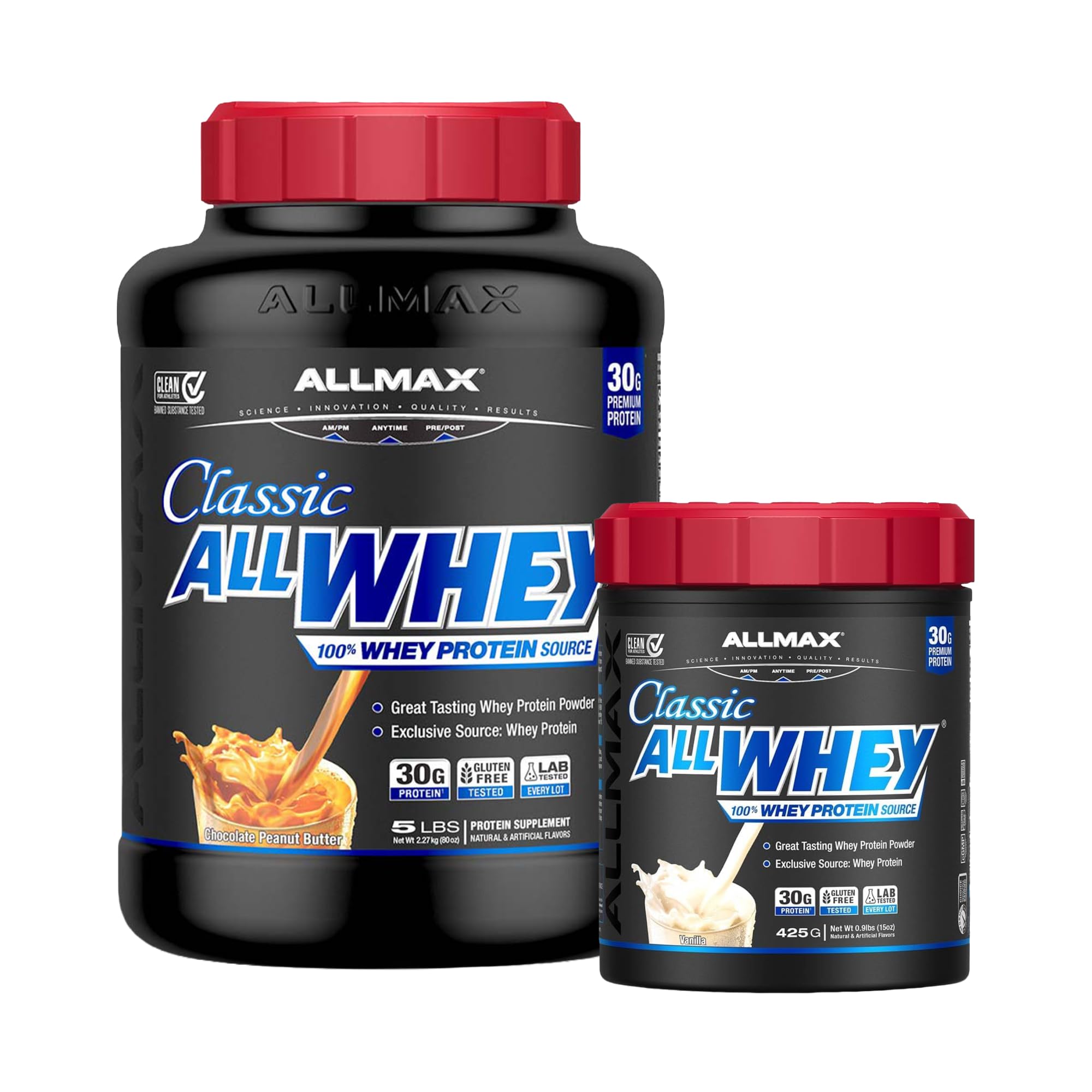 ALLMAX AllWhey Classic Chocolate Peanut Butter 5 lb and Vanilla 0.9 lb Bundle, Gluten Free, Low Sugar, High Protein, Supports Muscle Recovery, Lean Muscle & Pos