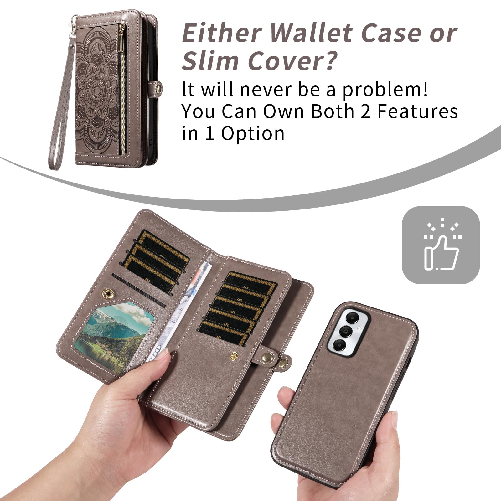 Asuwish Custodia per Samsung Galaxy A05s/A05, con pellicola protettiva, scomparto per carte di credito, pieghevole, in pelle, motivo floreale, con supporto, chiusura lampo, grigio
