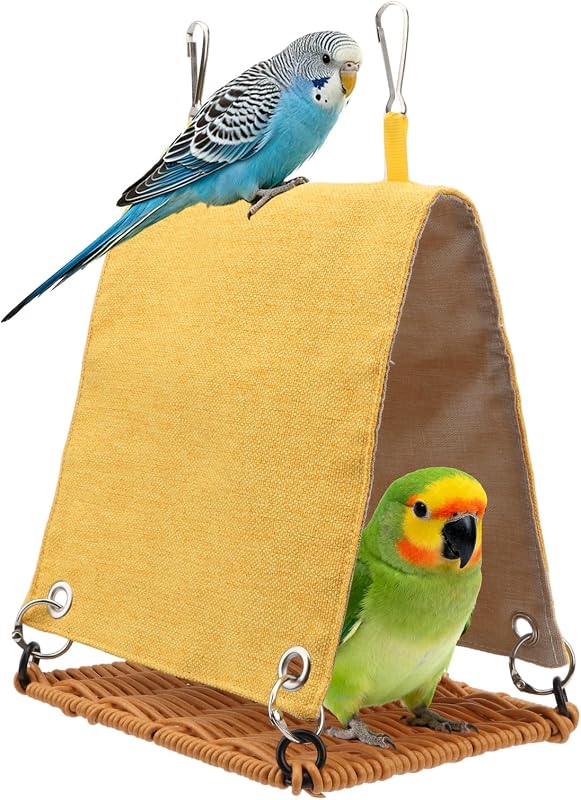 Ninho tipo cabana suspensa para aves Hypeety em tecido de linho, amarelo, tamanho M