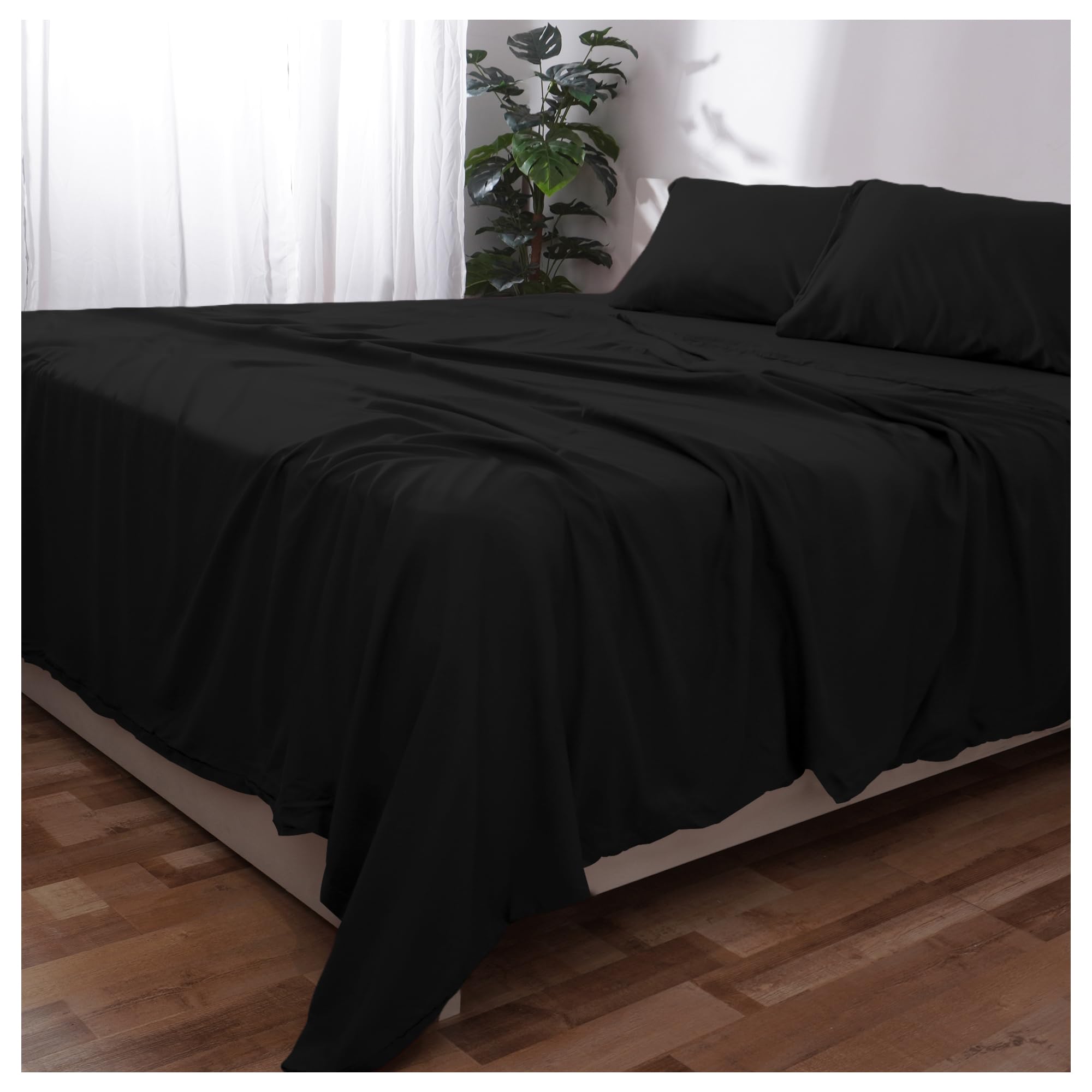 Novo Home Double Bed Sheet Set (Black) โ Soft Brushed Microfiber Bedding with Flat Sheet, Fitted Sheet & Pillowcases โ Deep Pocket, Fade Resistant, Easy Care