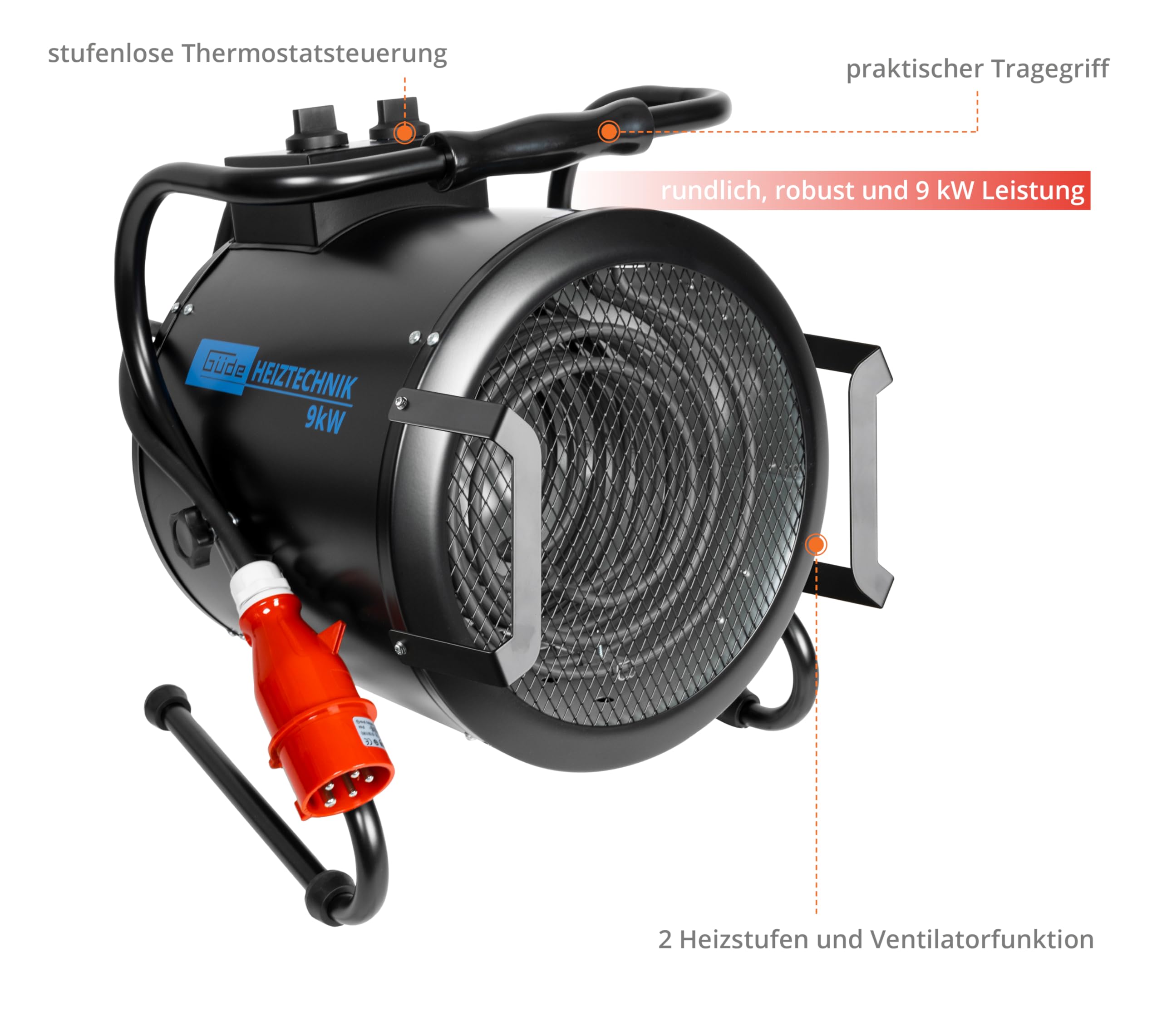 Güde Riscaldatore elettrico GH 9 E (9 kW, 2 livelli di calore 4,5/9 kW, funzione ventilatore, potenza soffiante 742 m³/h, angolo di inclinazione e spegnimento, protezione da surriscaldamento,
