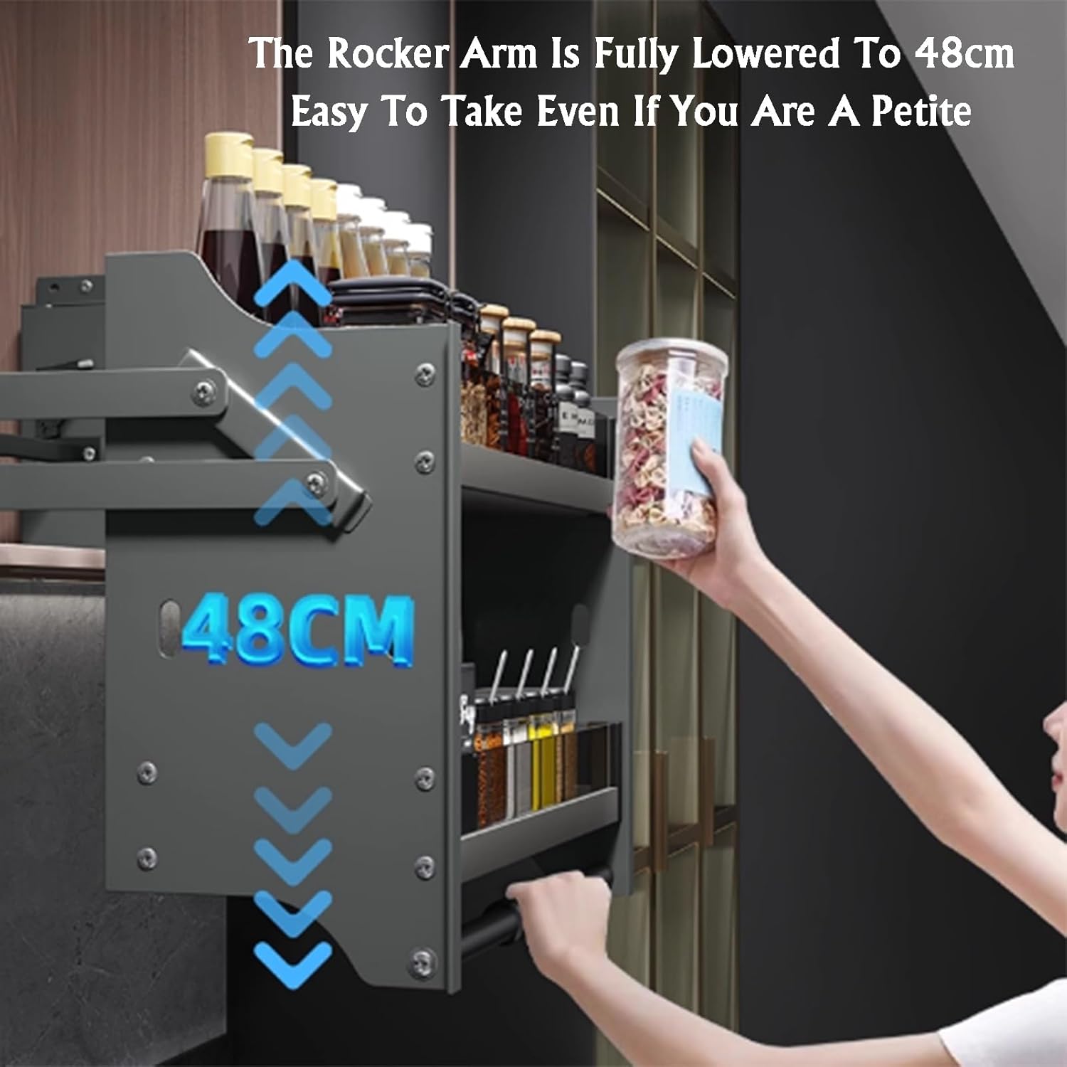 Pull Down Cabinet Organizer - Spice Rack & Dish Storage Shelf for Kitchen Cabinets (760-810mm) - Maximize Space & Accessibility, Ideal for Upper Cabinets