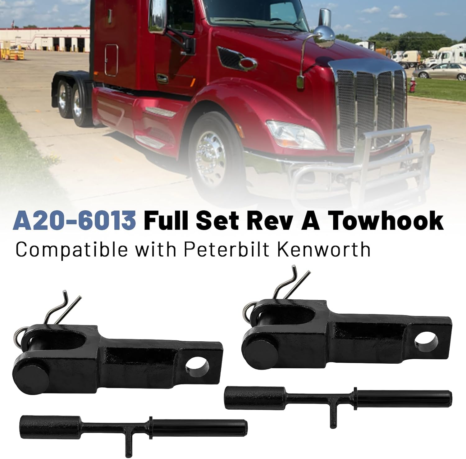 A20-6013 Rev A Towhooks with Tow Pins Fits for Peterbilt for Kenworth A65-6008 A65-6000 14264AA Full Set Rev A Tow Hooks Tow Pin Kit (2 PCS)