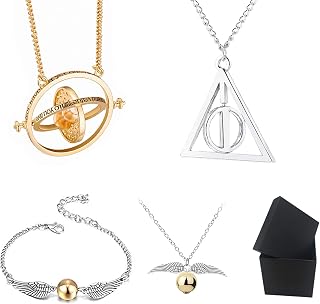 4PCS Christmas Necklace Set Hogwarts Wizard Cosplay Party Accessories Golden Snitch time Turner Deathly Hallows Necklace and Bracelet Set for Adults