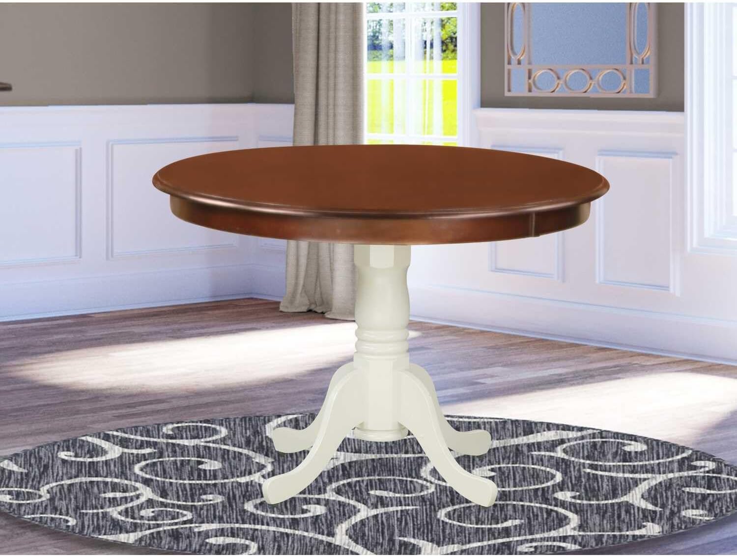 HomeStock Round Wood Dining Table - Sturdy Kitchen Table for Small Spaces Mahogany and Linen White/42-Inch Without Dropleaf