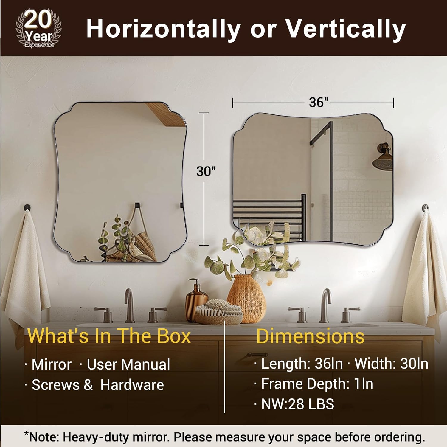 ANDY STAR Chrome Bathroom Mirror, 30x36 Inch Polished Chrome Mirror, Scalloped Bathroom Mirror with Stainless Steel Metal Frame, Rust-Proof Frame Deep 1’’