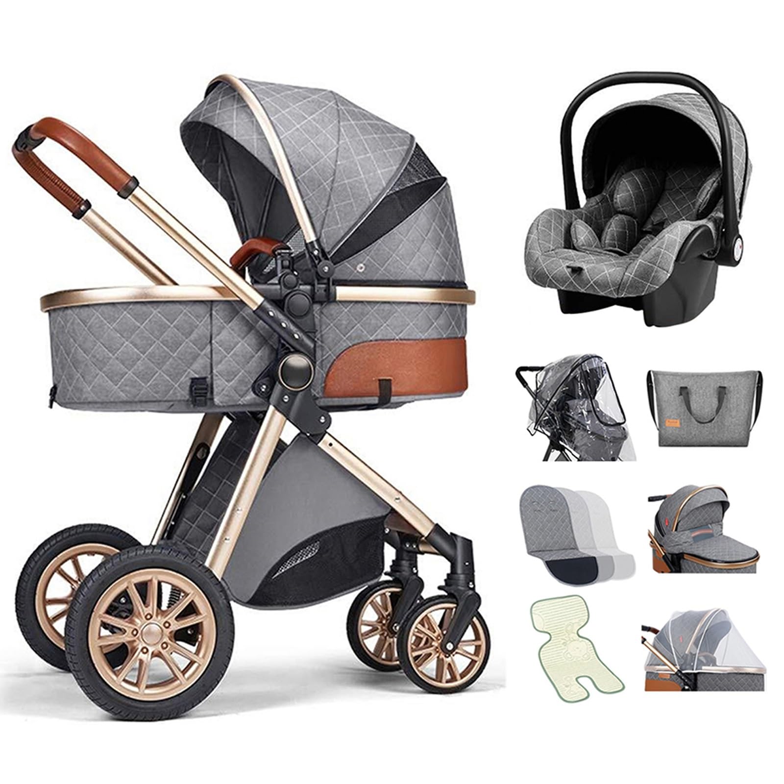 YCKEGEW3 In 1 Baby Travel System Baby Pram Standard Multi-Position Recline, Reversible Foldable Portable High Landscape Stroller with Mom Bag, Rain Cover,Storage Basket (Color : Gray)