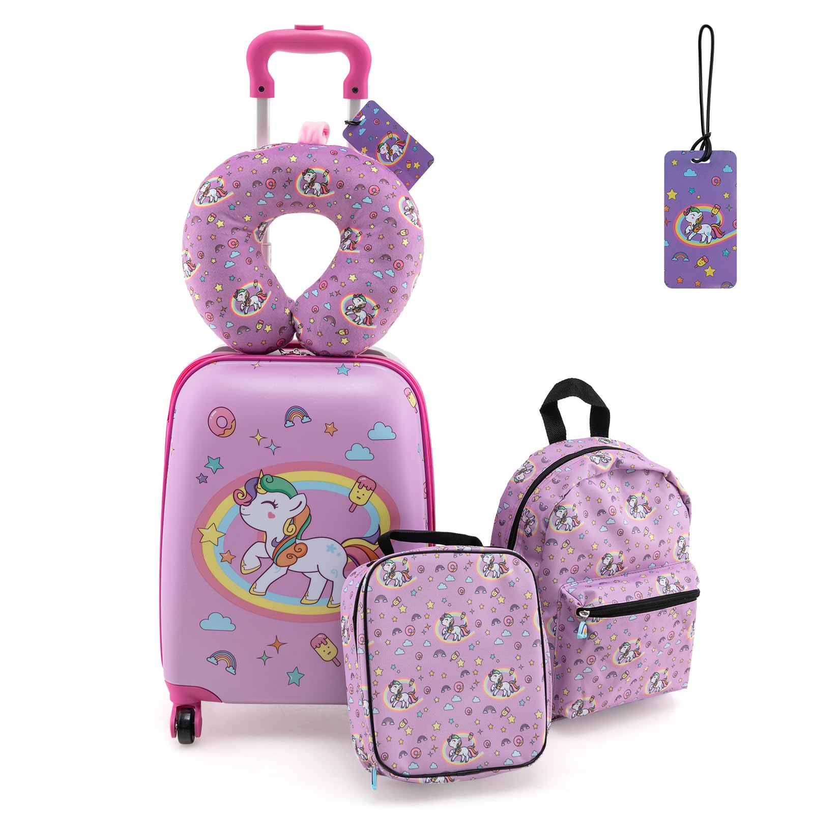 DREAMADE Valise Enfant 16" et Sac à Dos 13" avec Oreiller Cervical&Sac-Repas Isolé&Étiquette,Bagage à Main Enfants 5 Pièces avec 4 Roues à 360°,Ensemble Valise Roulette Garçon Filles (Licorne Rose)