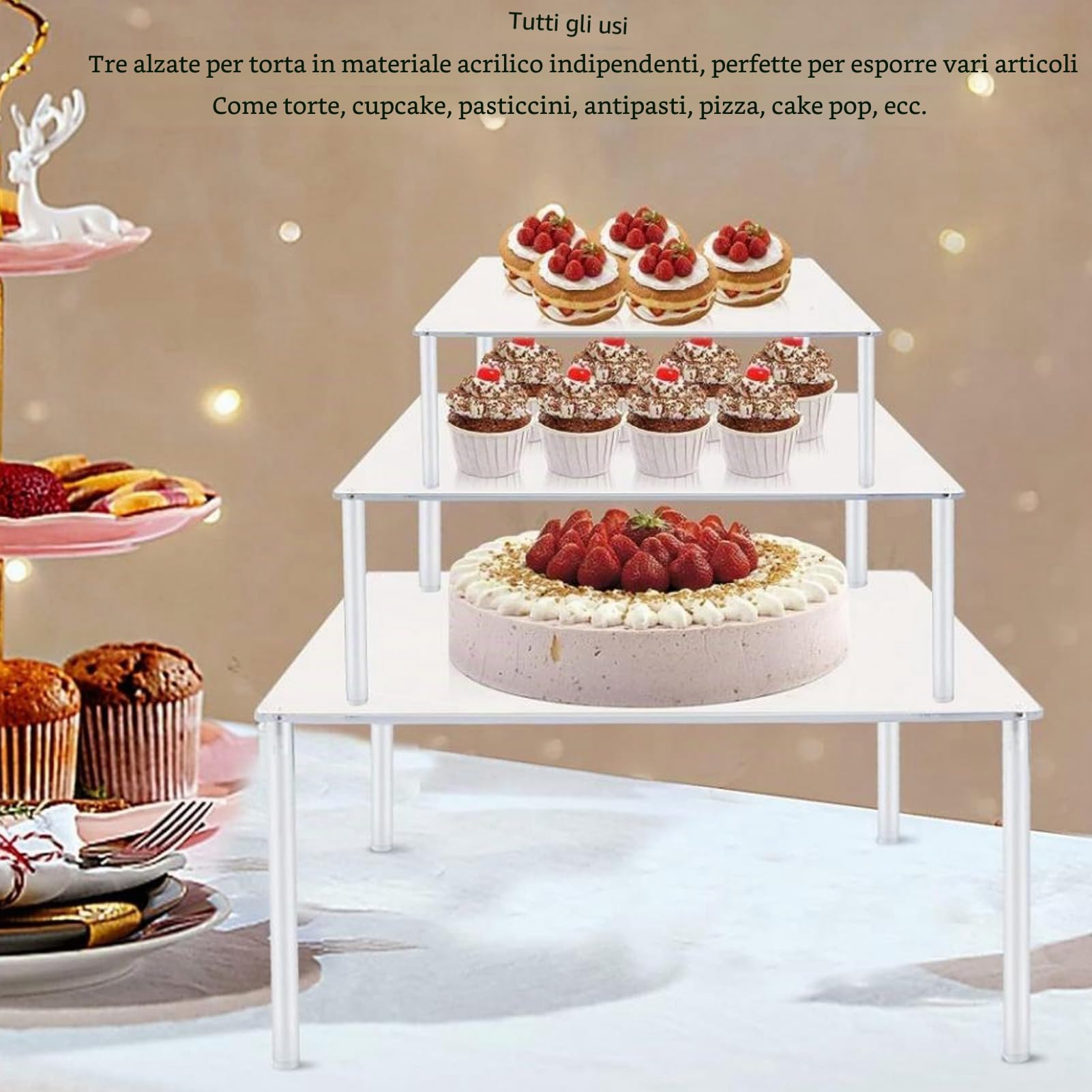 Tyenaza 3 Pezzi Espositore Acrilico Trasparente per Display,Alzate di Display Acrilico 3 Gradini per Catering e Buffet e Negozi, Alzata per Torta Quadrata in Acrilico Alzata per Cupcake