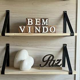 Kit 2 Prateleiras de Madeira com Alça de Couro preta, 40cm x 14cm, Estilo Minimalista, para Sala, Quarto e Cozinha