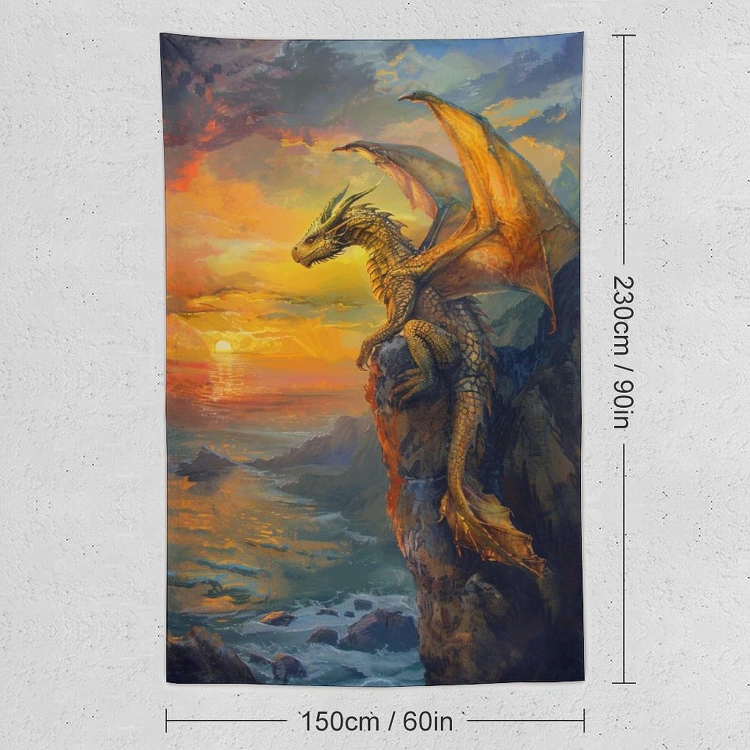 QEOPGNE Wall Tapestry - Sunset Ocean Fantasy Golden Dragon - Aesthetic Wall Decor for Bedroom & Living Room - 60"x90"