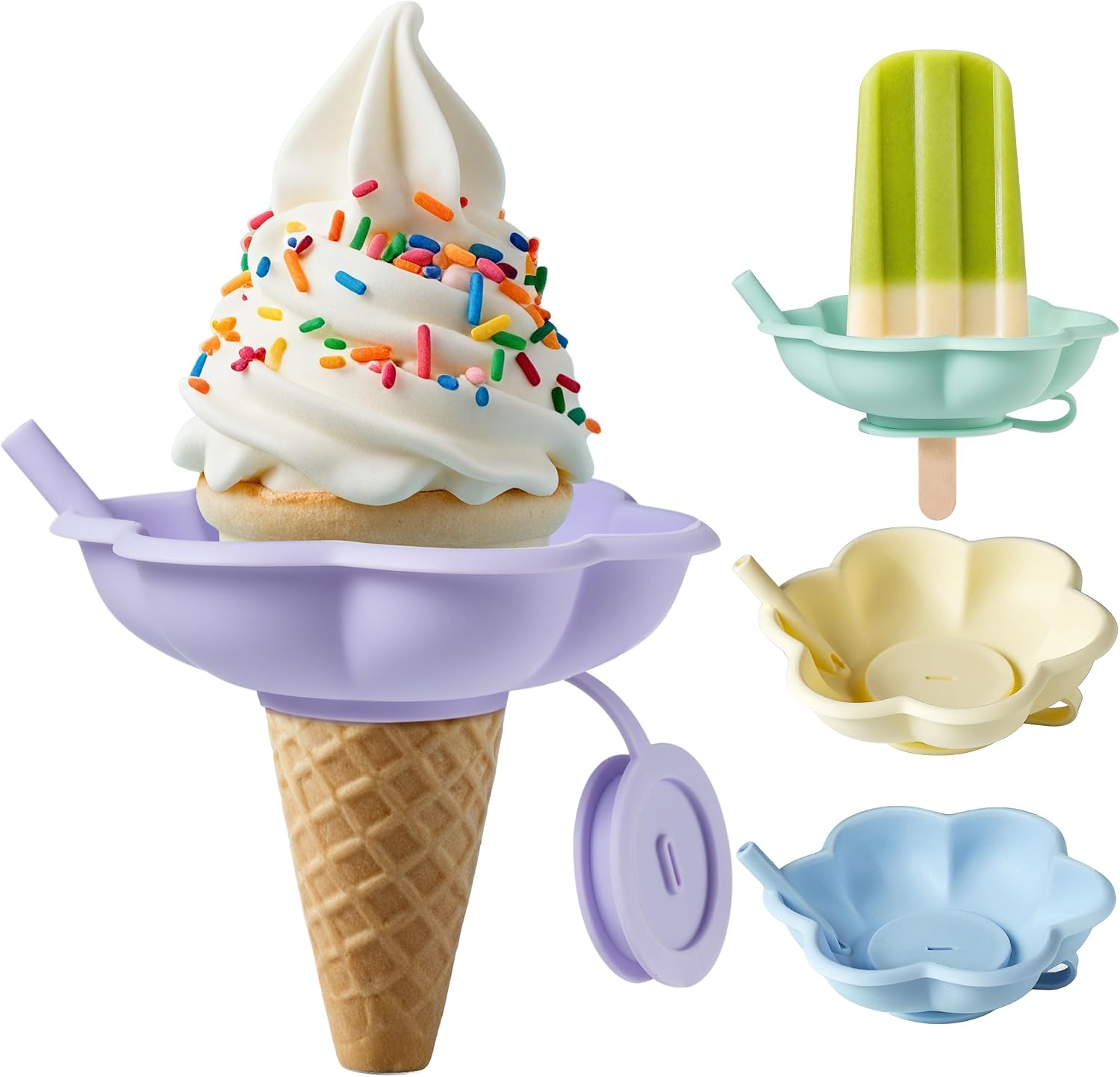 2-In-1 Silicone Ice Cream Cone Holder&Popsicle Holder with Straw