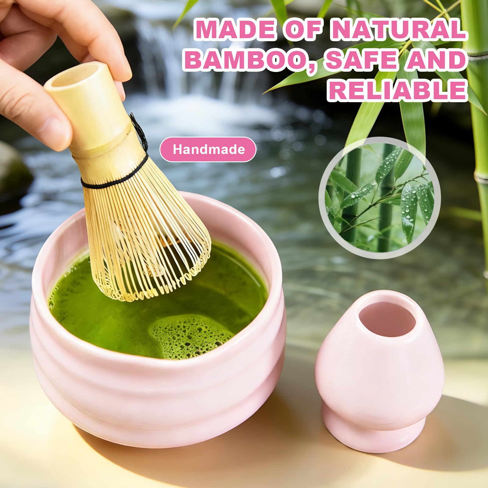 Matcha Kit 5 Pezzi per Principianti, Kit Matcha Completo con Ciotola e Supporto, Cucchiaio, Frusta in Bambù per Cerimonia Tè Matcha Artigianale