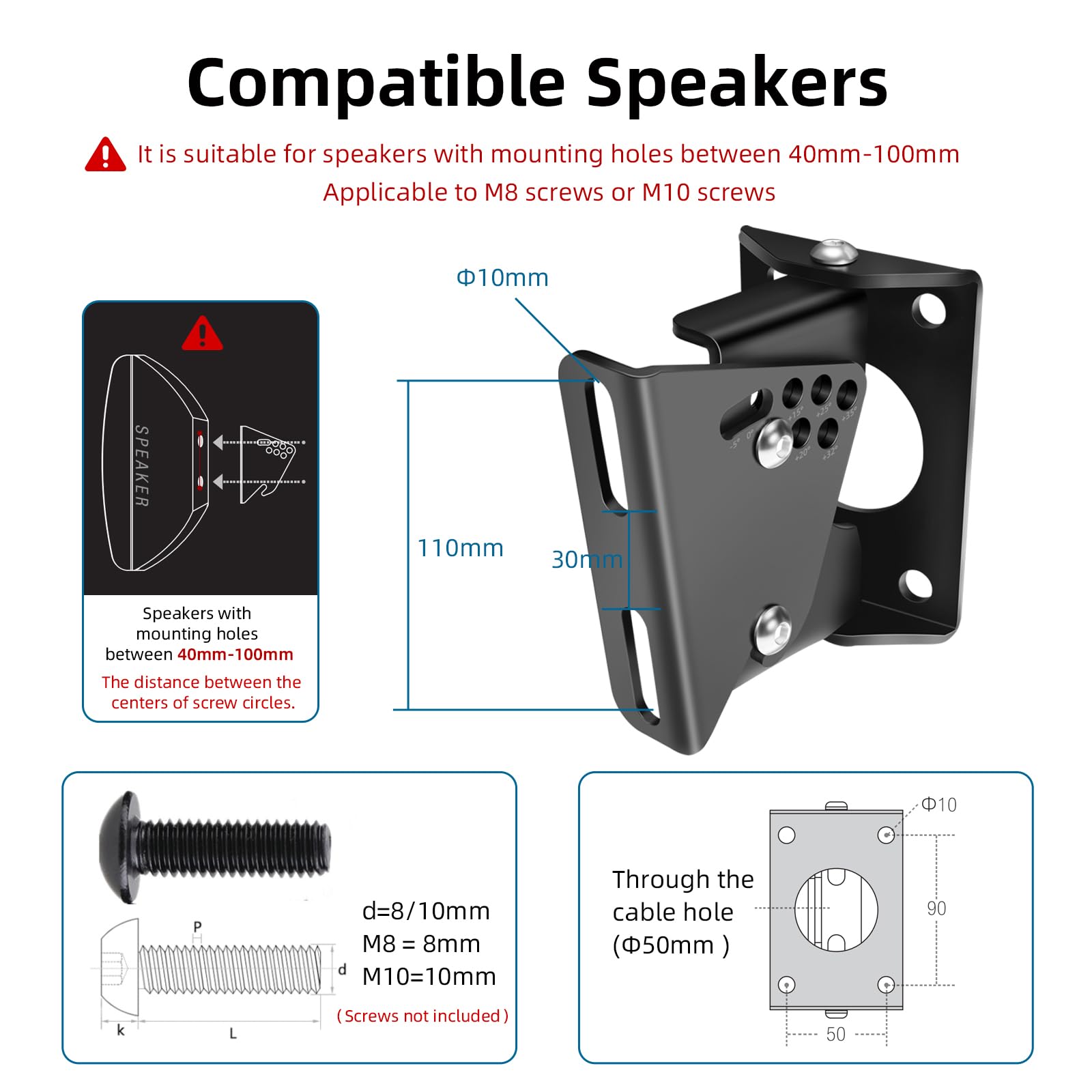 Supports muraux robustes pour haut-parleurs Samsung/Bose/LG/Yamaha/Teufel, support mural à angle réglable, supporte jusqu'à 40 kg (1 paire)