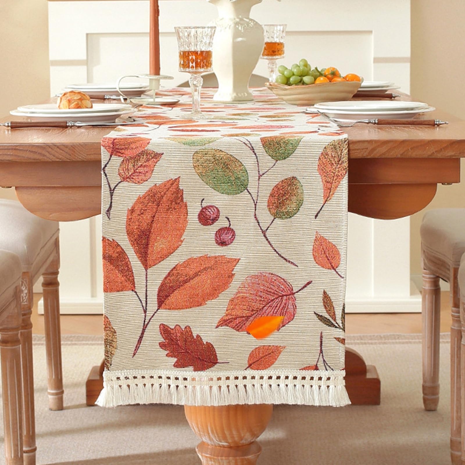 Chemin de Table Champetre 35x270cm, Chemin de Table Mariage Effet Lin avec Motif de Feuilles d'automne