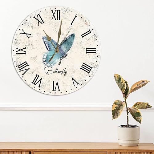 Miniatura 3 de Reloj de madera de mariposa antigua, reloj de pared redondo de 15 pulgadas, funciona con pilas, silencioso sin tictac, reloj de pared colgante para