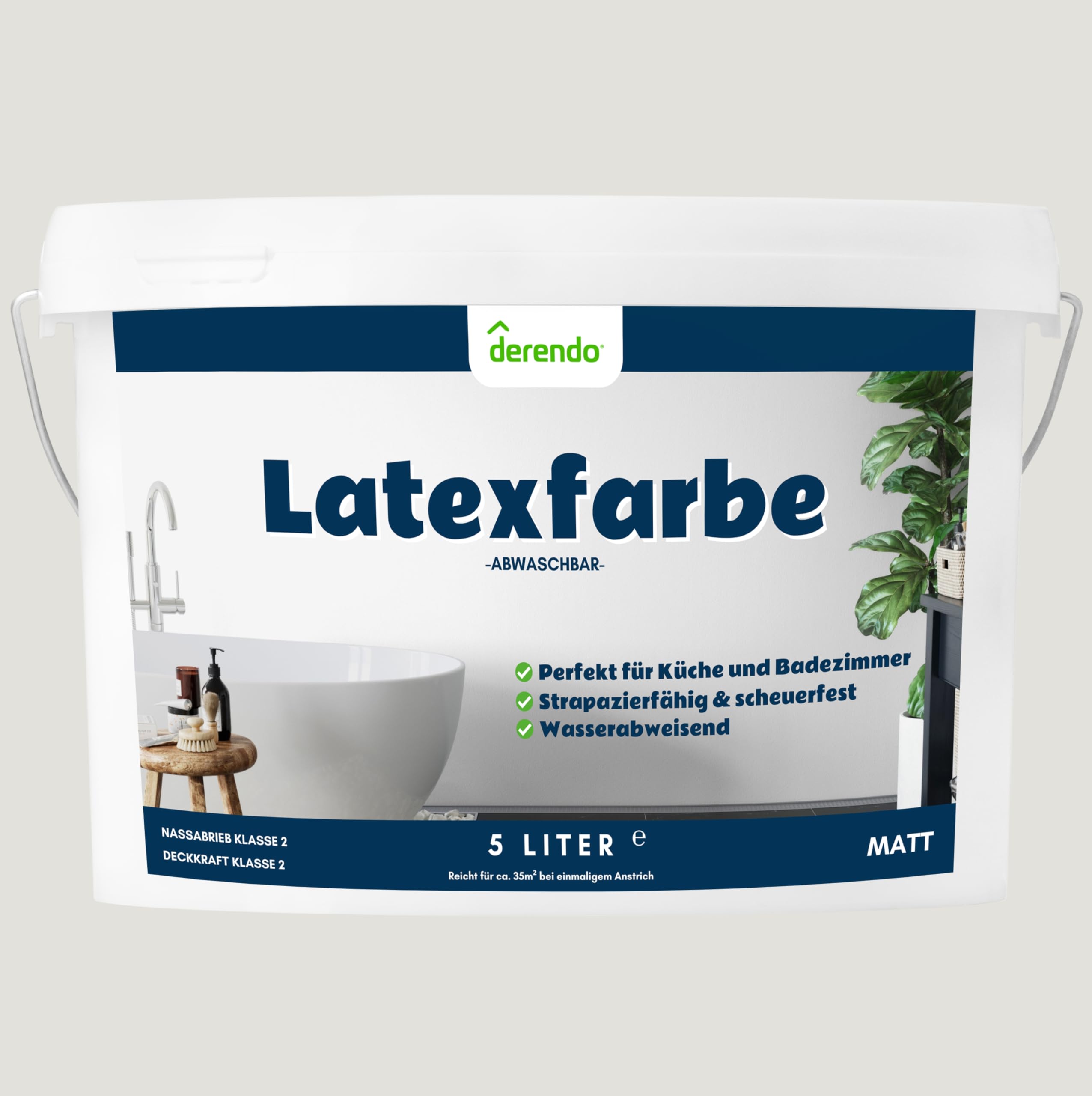 derendo Latexfarbe grau greige matt abwaschbar 5 Liter für Innen Küche Badezimmer streichen graue Wandfarbe hohe Deckkraft 5L