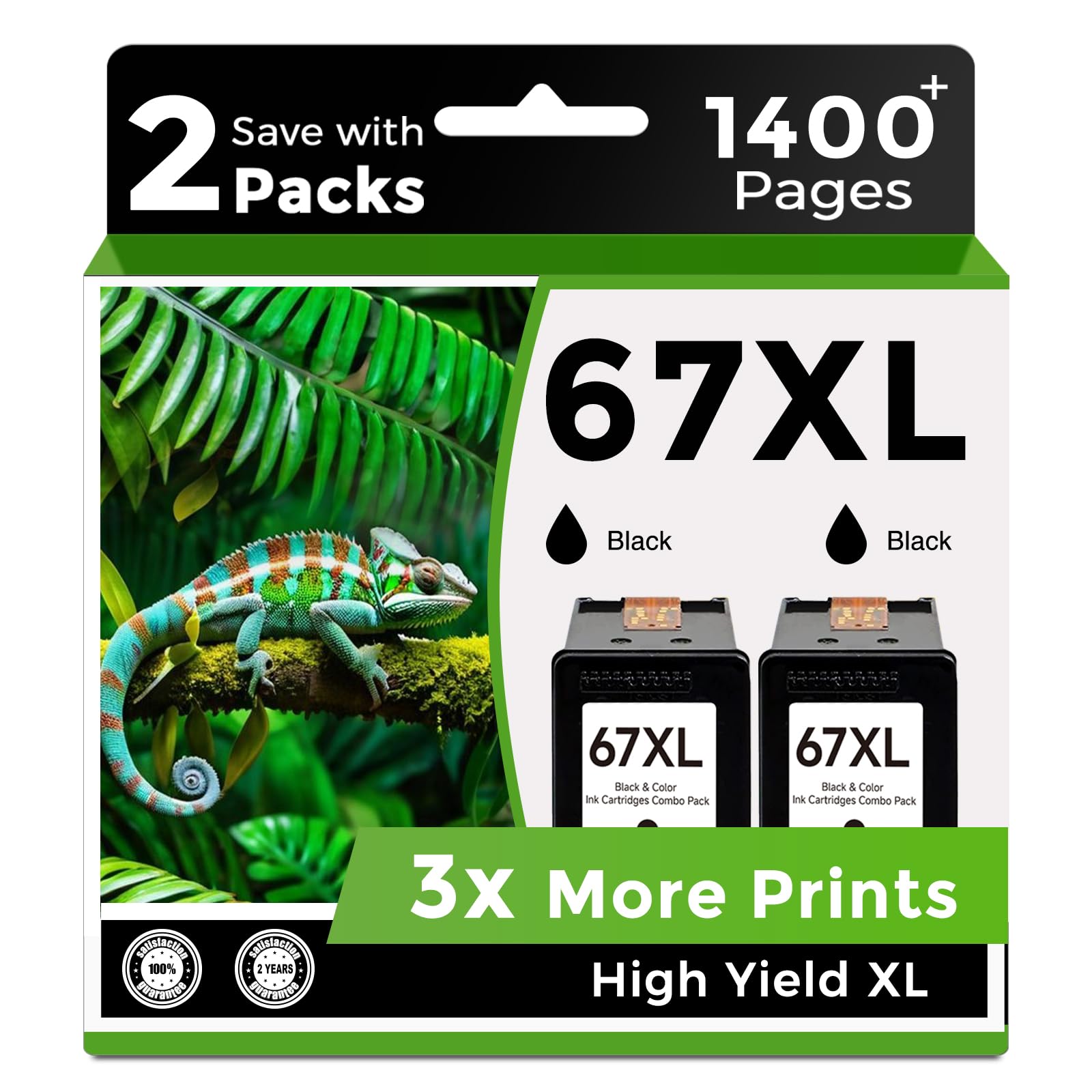67XL Ink Cartridges Black 2 Pack Replacement for HP 67 Ink XL 6055 2827e