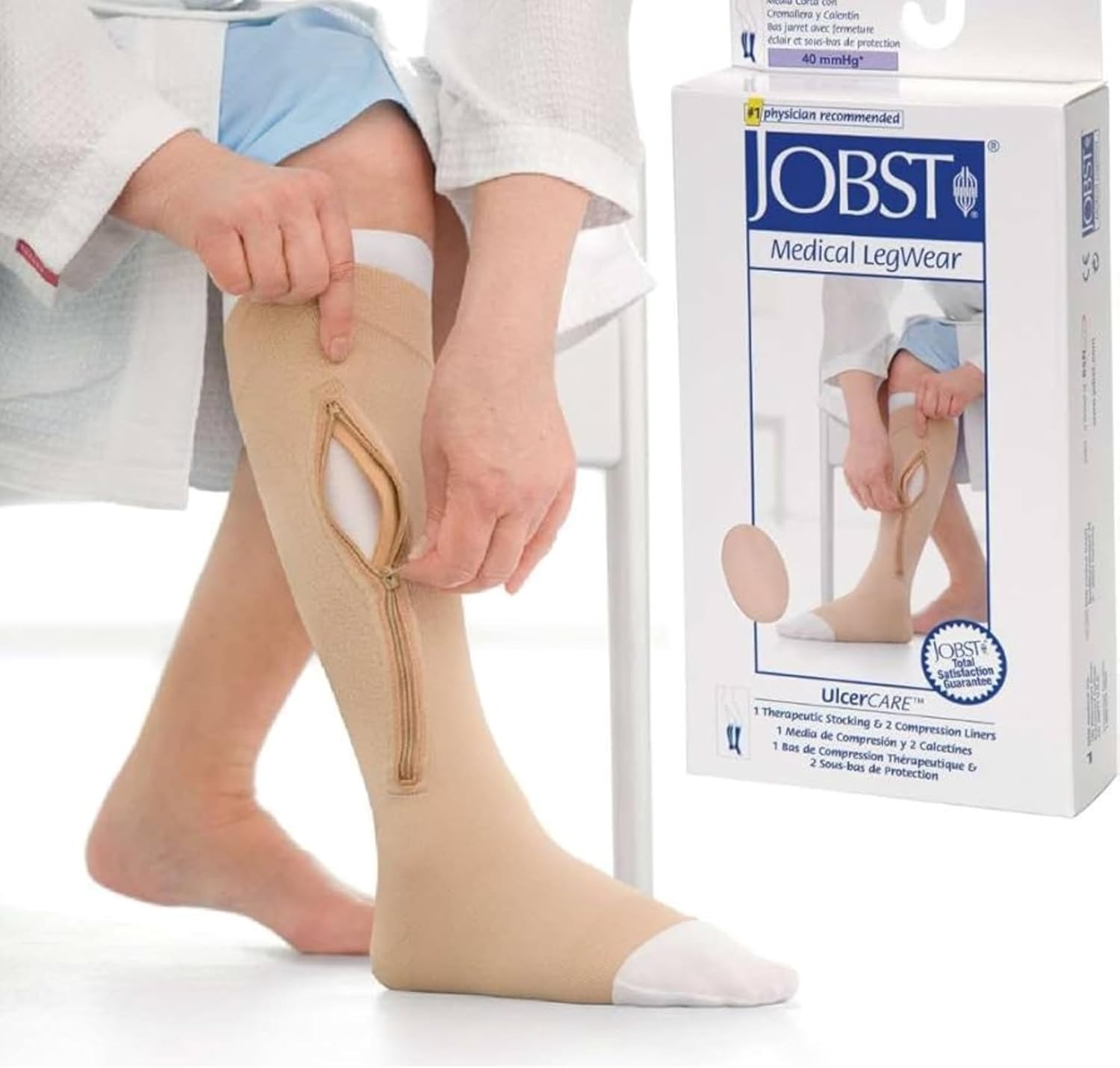 Jobst Ulcercare Therapeutic Open Toe Knee High 40 mmHg Compression Stocking with Zipper and Liner-Large-Beige-Regular-Open Toe-Left