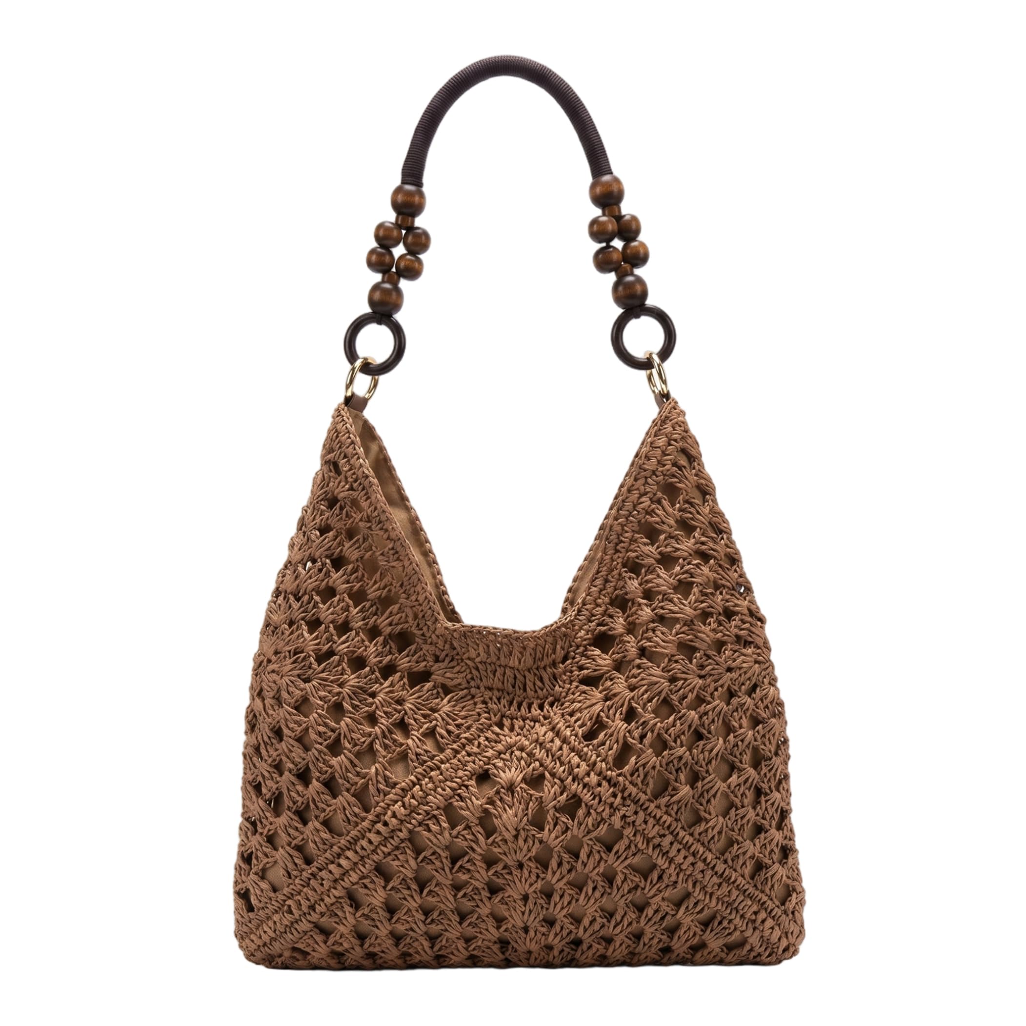Ameble Unisex Brown Large Capacity Straw Woven Beach Bag With Natural Wood Bead Handle, Stylish Straw Shoulder Bag For Summer Women, Tote For Vacation