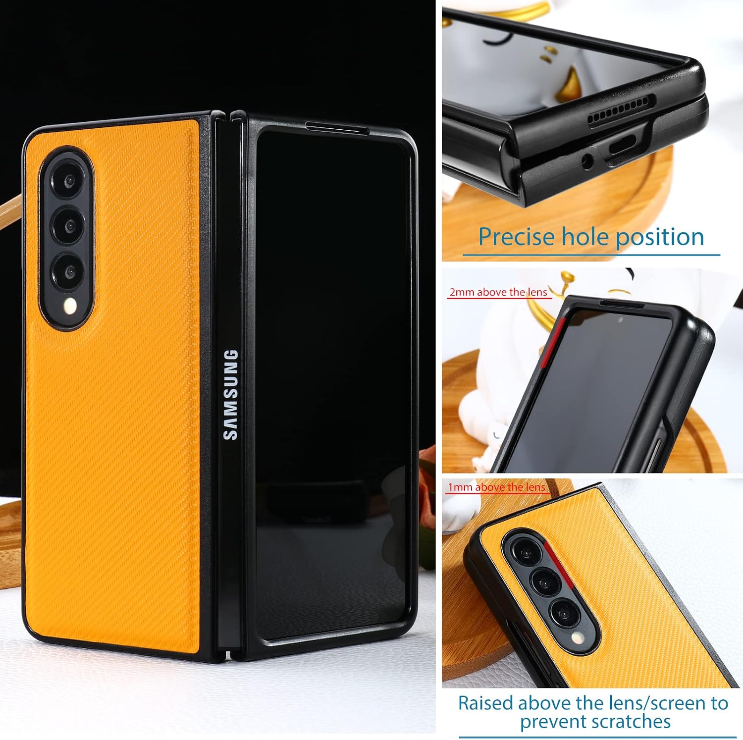 AKABEILA Case for Samsung Galaxy Z Fold 4 5G, Premium PU Leather Case Soft Slim Non-Slip Carbon Fiber Phone Case Folding Cover for Galaxy Z Fold4 5G 7.6" Yellow