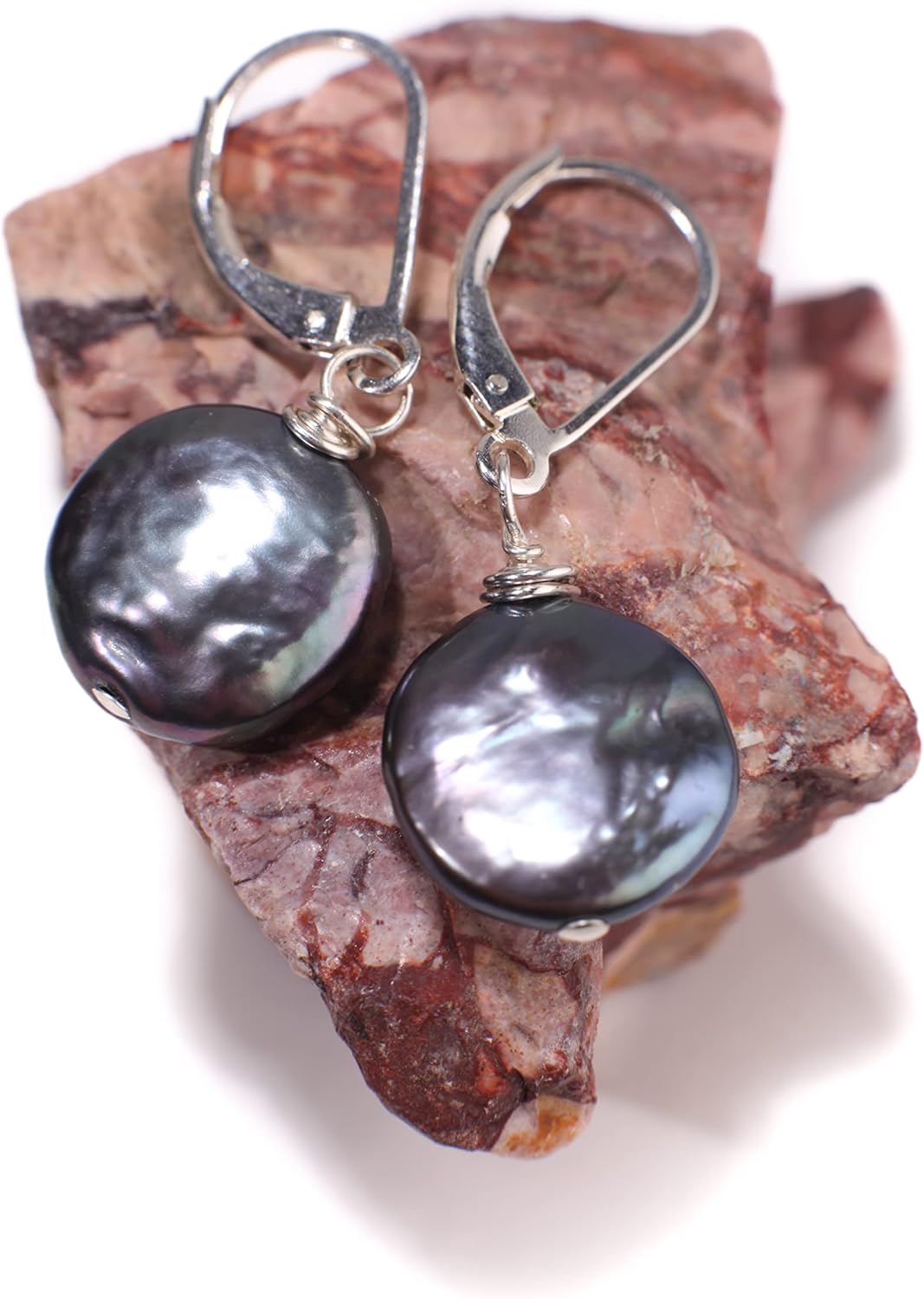 Natural Freshwater Peacock 14-15mm Coin Pearl High Luster Dangling Wire Wrapped in Sterling Silver Leverback, Valentine, Gift, Silver Earrings, Valentine, Bridesmaid, Gift