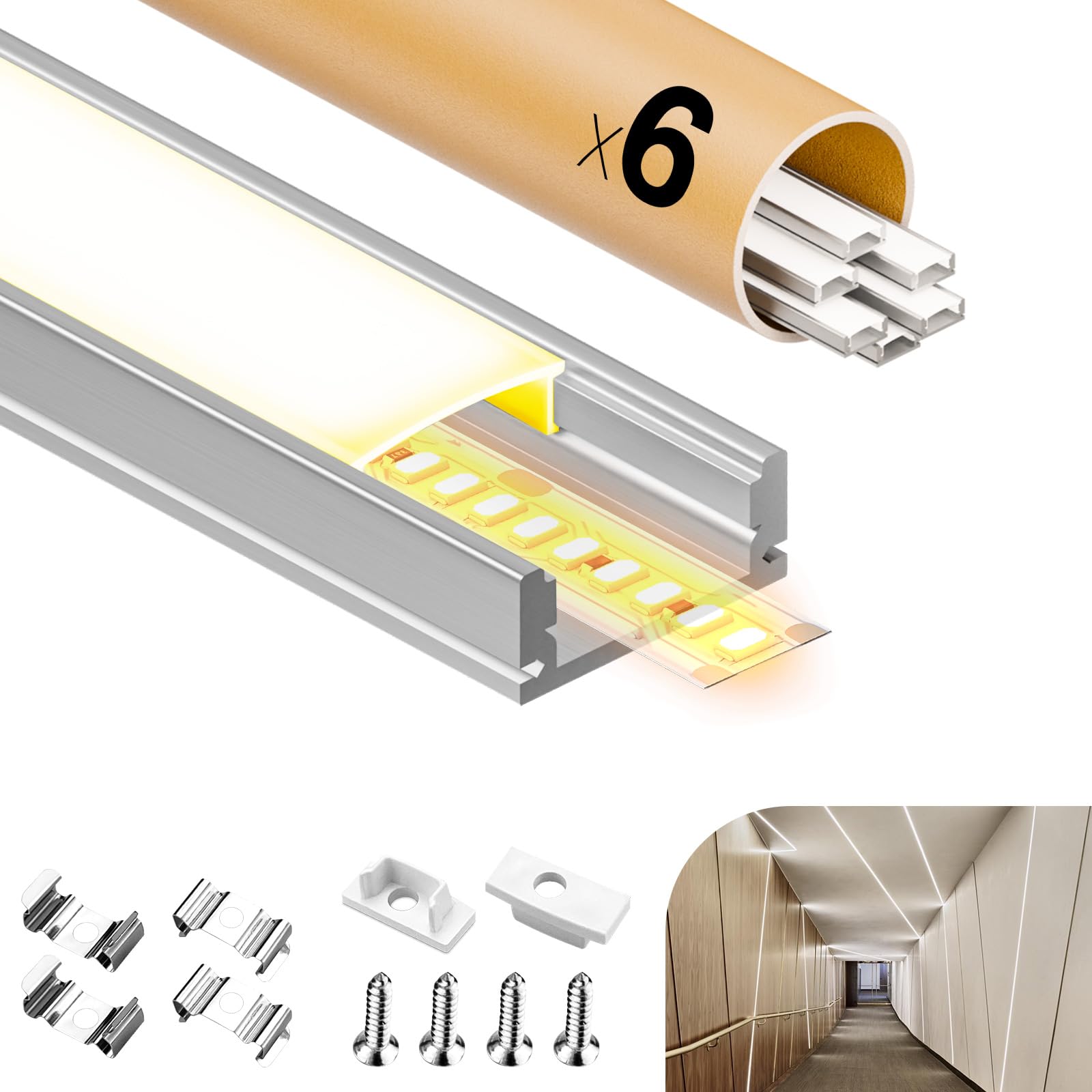 6 x Perfil de Aluminio para Tira LED 6x2 m, para Canales de Tiras LED de hasta 12.1 mm, con Cubierta Translúcida, Tapas Finales y Clips de Montaje (SP26, 6)