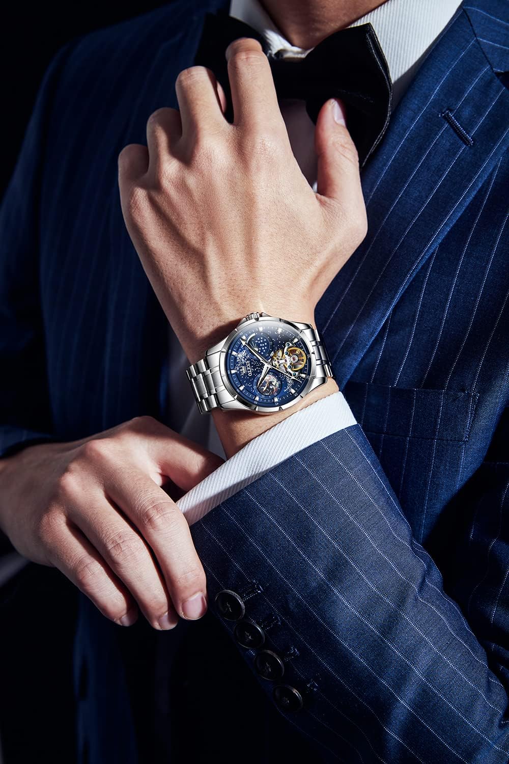 OLEVS Self Winding Watches for Men Automatic Mechanical Skeleton Luxury Dress Waterproof Moon Phase Tourbillon Chronograph Stainless Steel Luminous Wristwatch - Image 2