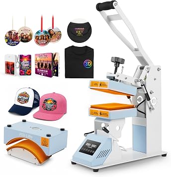 PYD Life 2 in 1 Top and Bottom Heat Press Machine H2C Pro Light Blue 110 V, Mini Combo Hat and Flat Press for DTF 3D UV DTF Labels, Double-Sided Blanks Sublimation Printing