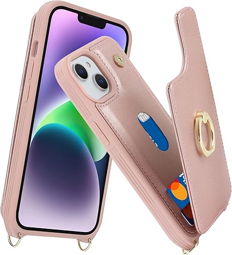 Miniatura 3 de Funda para iPhone 14 Plus con tarjetero y correa para mujer, cordón cruzado, soporte de anillo de soporte, cierre a presión, bloqueo RFID, fundas