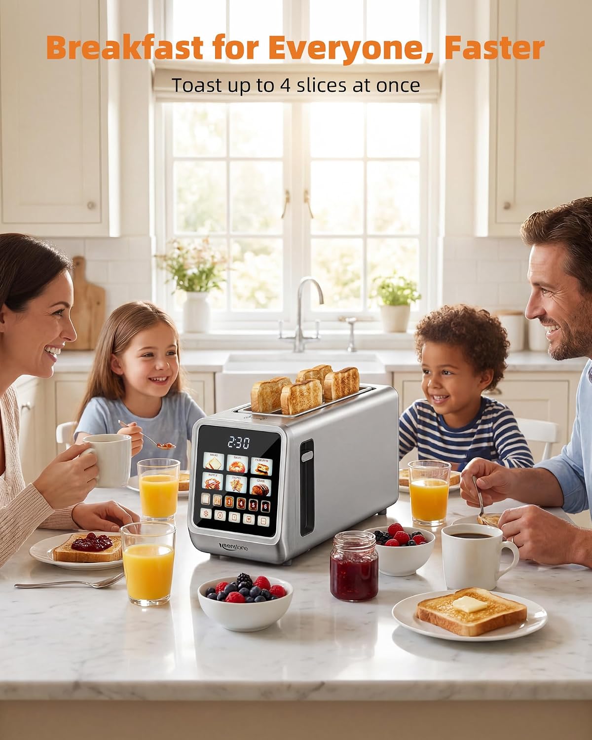 Keenstone 4 Slice Touch Screen Toaster with Long Wide Slots,Stainless Steel | 1400W Digital Toasters with 6 Browning Levels, Defrost, Reheat, Memory, Single Slice, Cancel for Bread, Bagels, Waffles