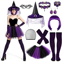 JATEBI Gothic Witch Costume Women 10 Pcs Halloween Wig Hat Tutu Cosplay