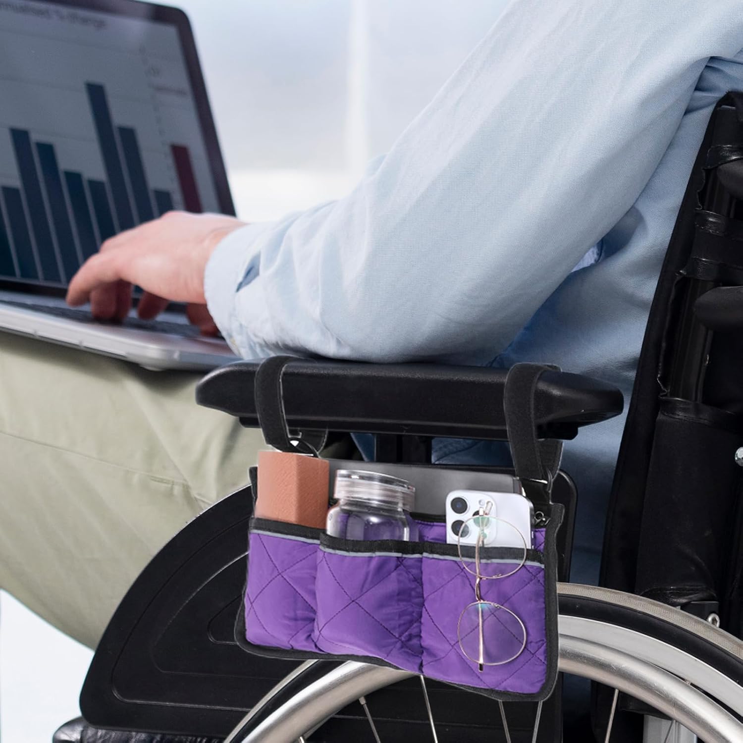 Wheelchair Side Bag, Wheelchair Bag Armres Waterproof Wheelchair Armrest Pouch with Reflective Stripe, Bag for Wheelchair Side Organizer Wheelchair Pouch Side Pocket for Wheelchair, Purple