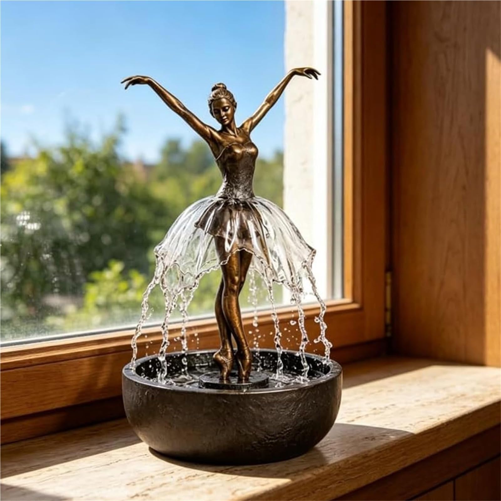 Fuente con Altavoz Bluetooth Y Efecto De Cascada Fuente De Altavoz Bluetooth Cascada Bailarina, Escultura Artística con Falda Agua Que Fluye, Atención Plena for Aliviar El Estrés for Hogar(Gold)