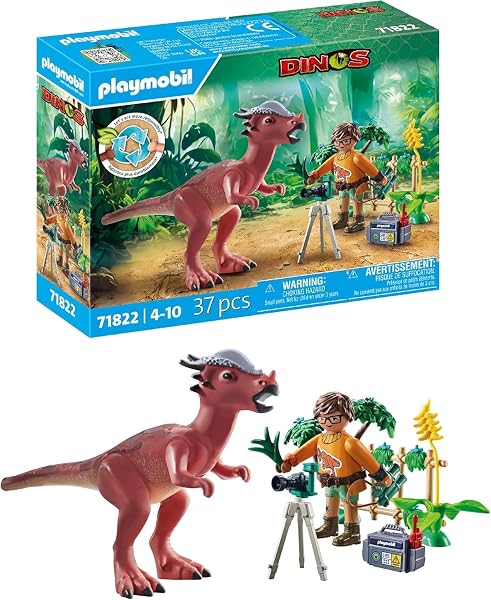 Nahaufnahme des PLAYMOBIL Stygimoloch-Dinosauriers, der eine Pflanze im Maul hält.
