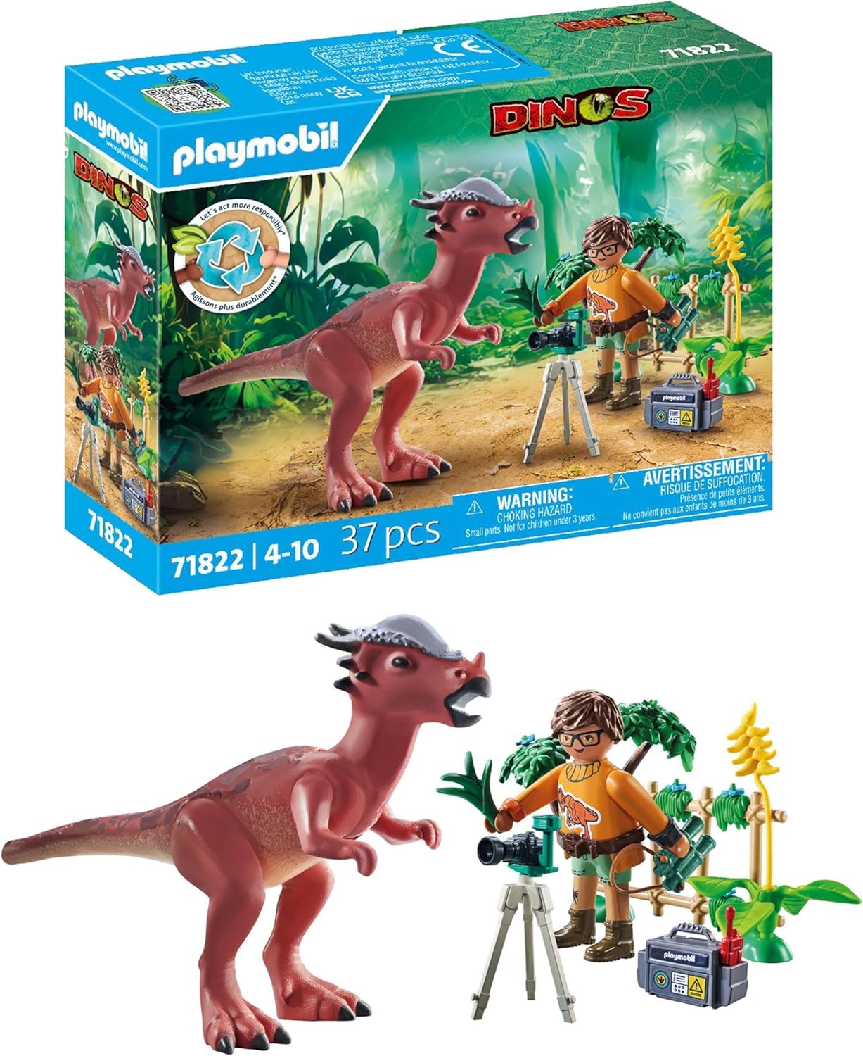 Nahaufnahme des PLAYMOBIL Stygimoloch-Dinosauriers, der eine Pflanze im Maul hält.