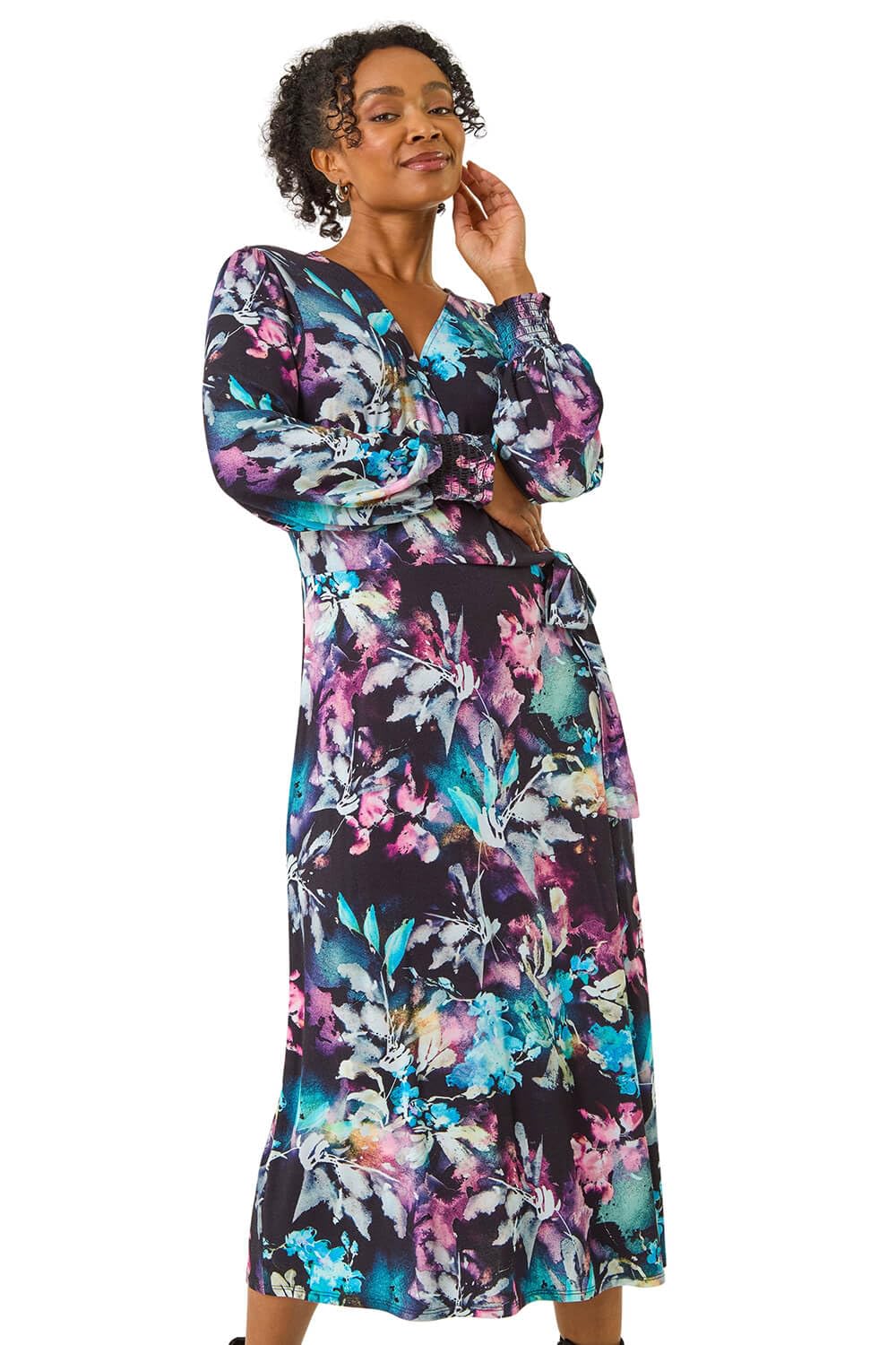 Roman Women's Navy Petite Abstract Stretch Midi Dress In | Size: 14