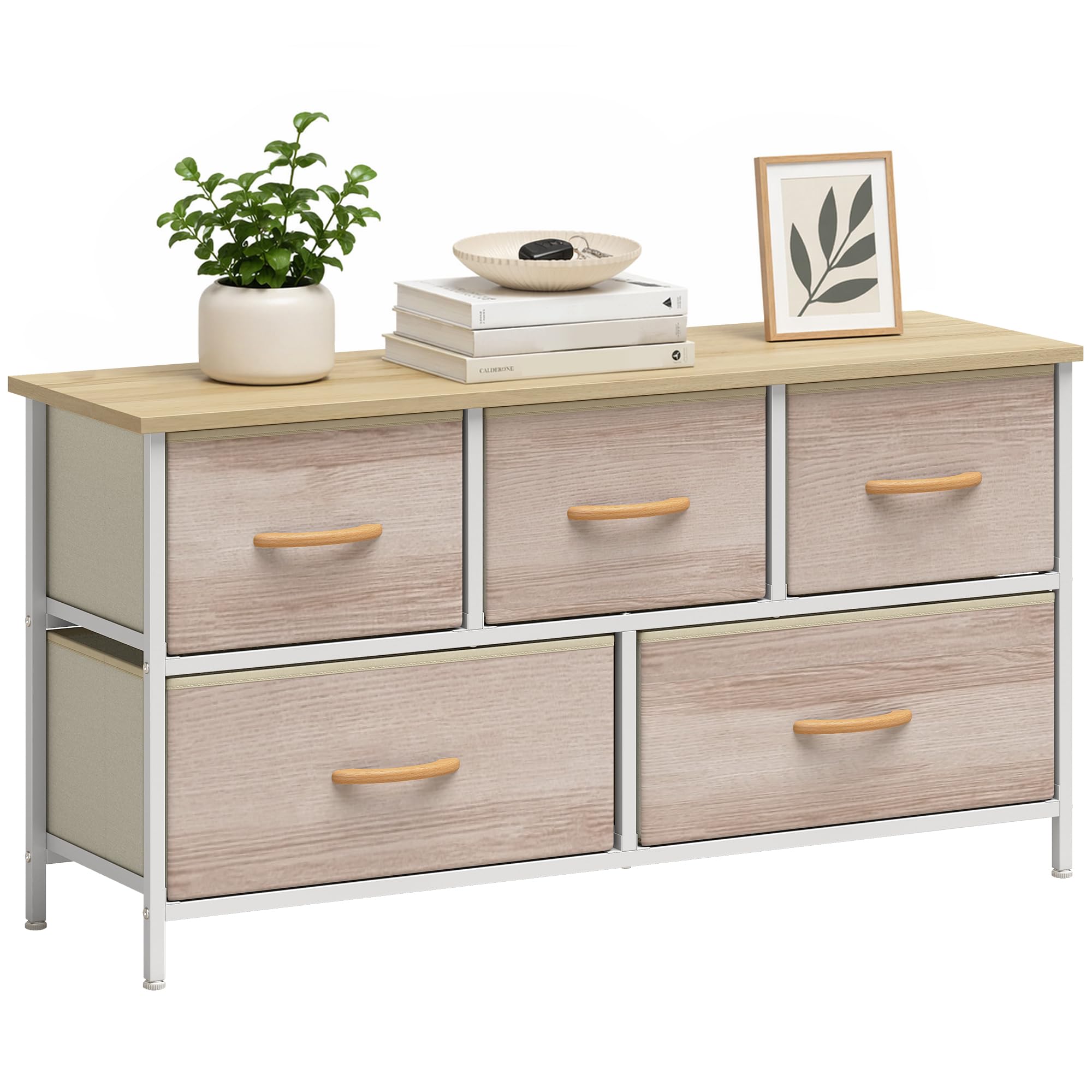 HOMCOM Cómoda con 5 Cajones de Tela para Dormitorio Salón Natural y Blanco