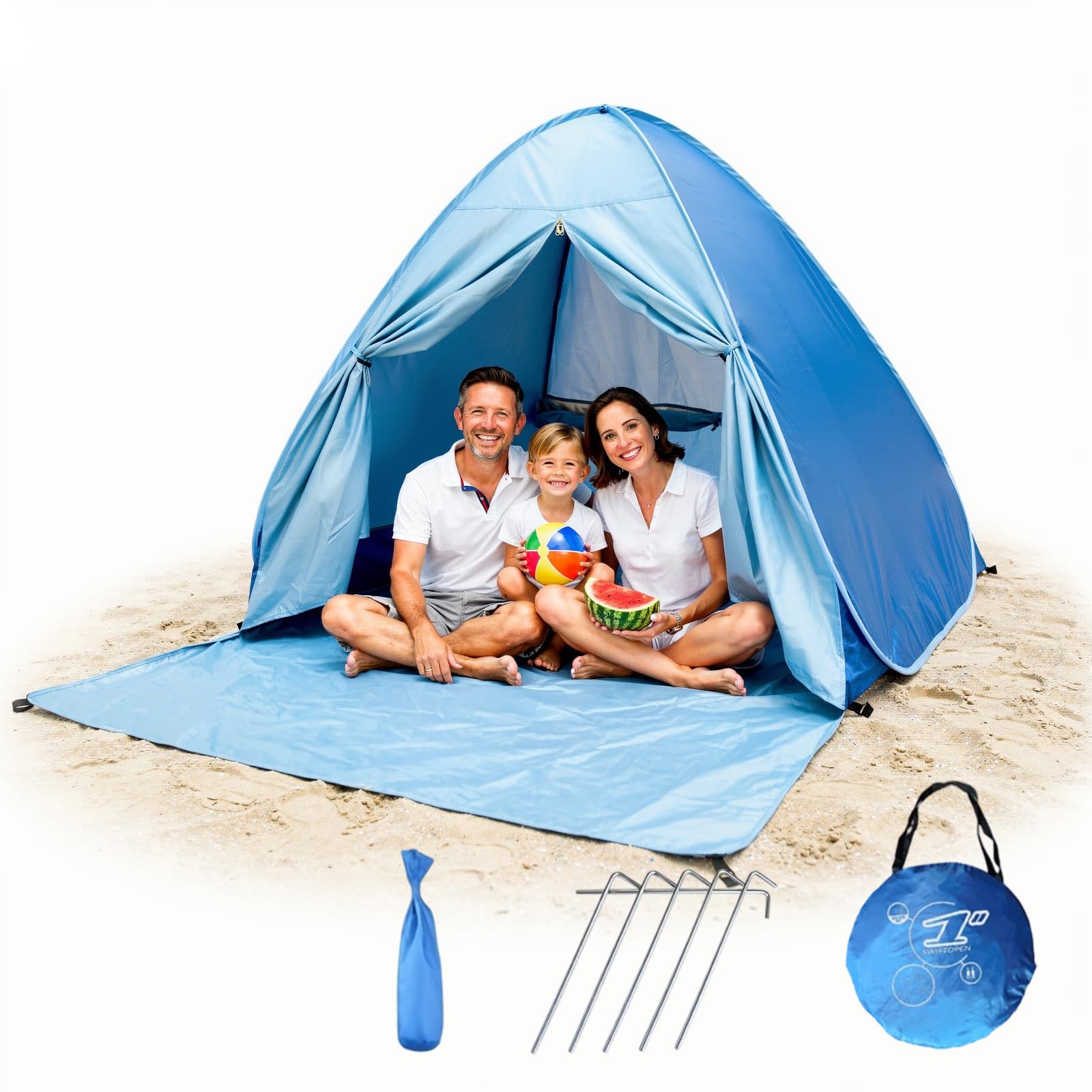 Pop Up Beach Tent Large for 3-4 Person, 50+ UV Protection Sun Beach Shelter with Zipper Porch & Mesh Windows, Portable Sun Tent, Easy SetUp for Beach, Garden, Picnic, Fishing-Blue — image 1