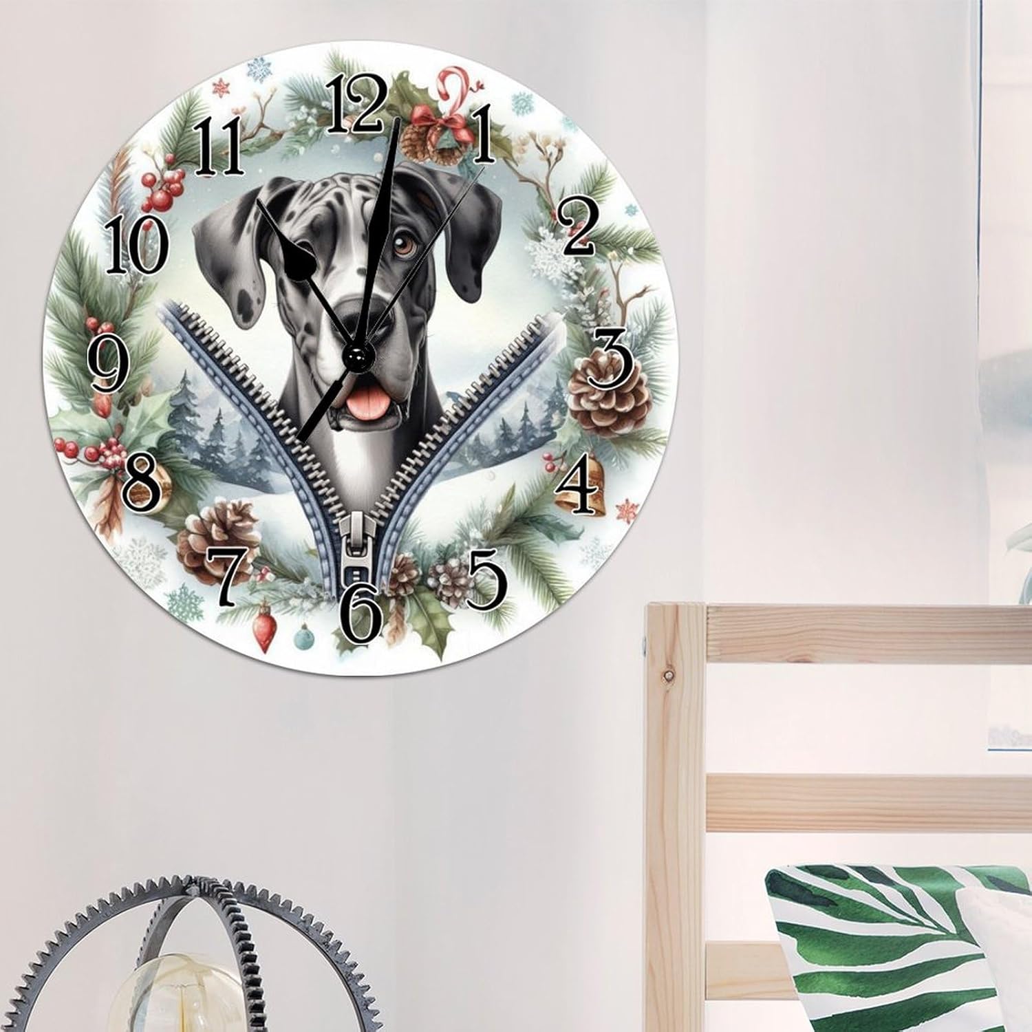 Great Dane Wood Clock Great Dane Funny Zipper Peeking Dog Decorative Wall Clock Dog Pet Portrait Round Home Decorative Clocks Non-Ticking Silent Wall Clock for Home Living Room 15x15in