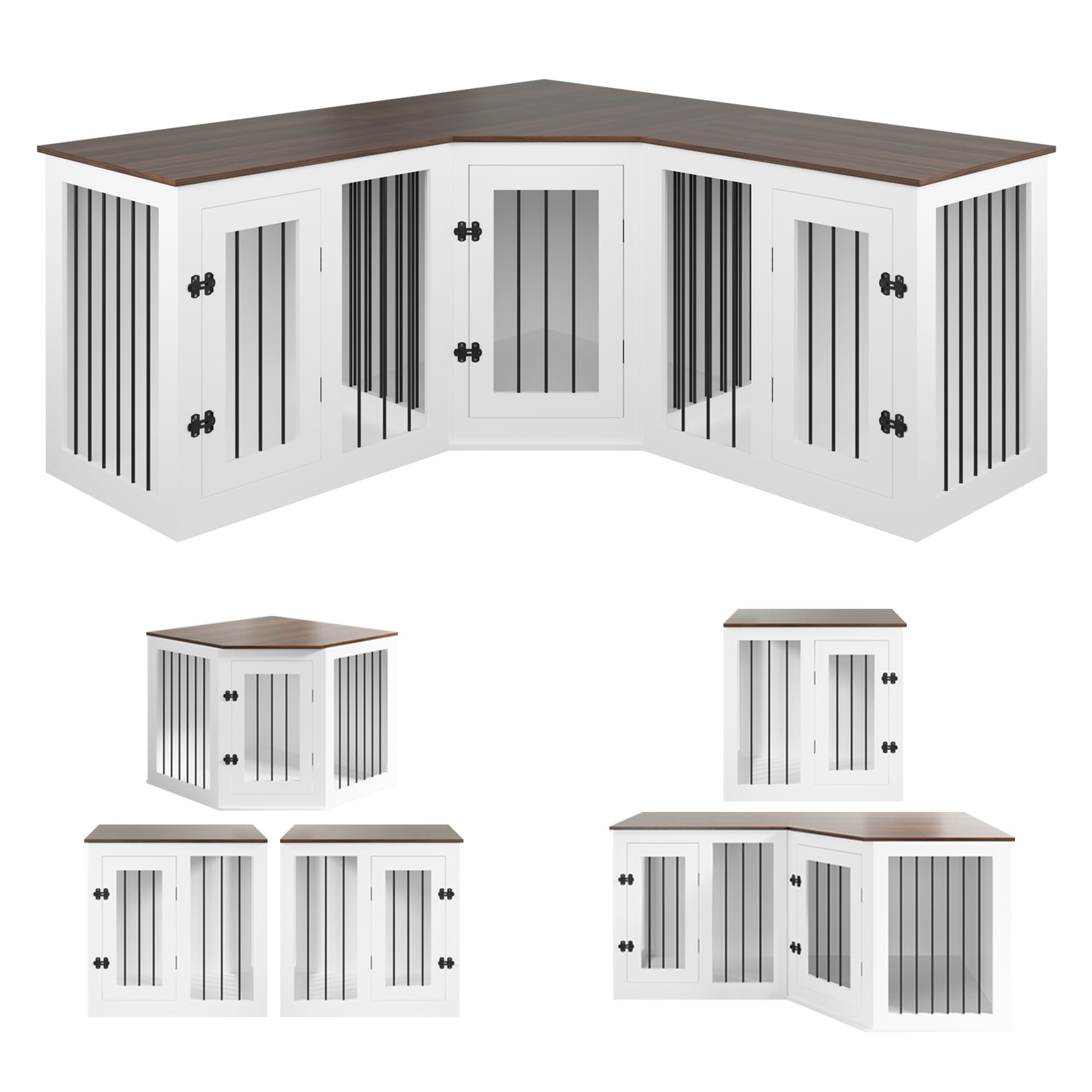 Large Dog Crate Furniture for 3 Dogs, 113'' Corner Dog Crate with Divider, 3 in 1 Heavy Duty Indoor Wooden Dog Kennel Furniture for Small Medium Large