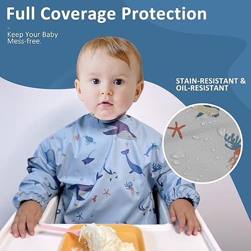 Miniatura 2 de Baberos de manga larga para bebés, impermeables, con bolsillo para atrapar alimentos para alimentar, comer