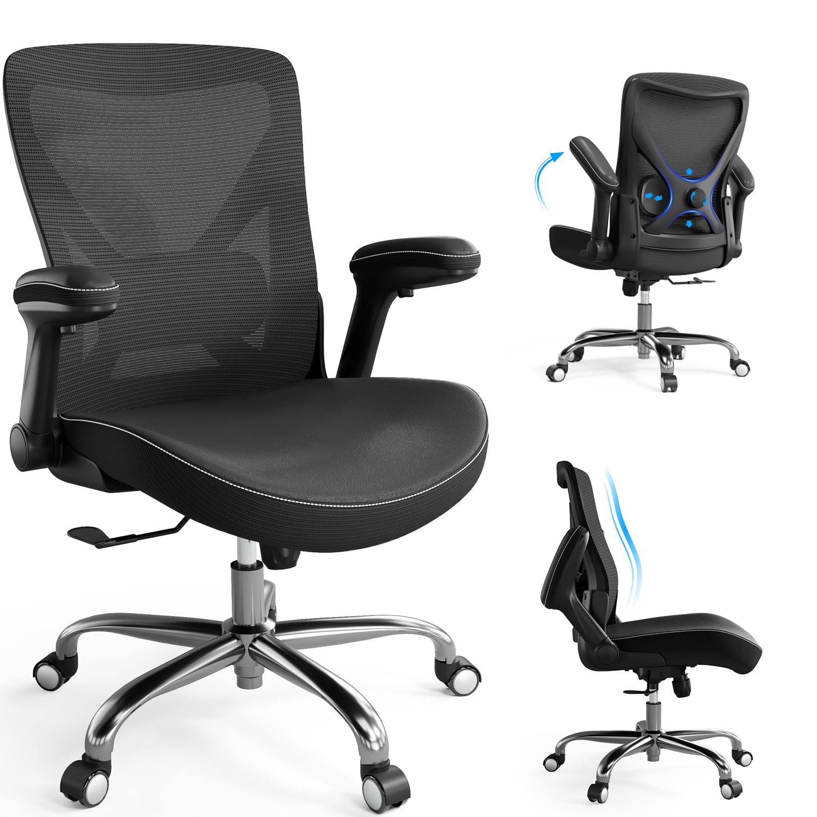 Ergalithic Home Office Ergonomic Chair-Computer PU Leather X-Shaped Desk Chair-Gaming Chair with Adjustable Flip-up Armrests Lumbar Support Mesh