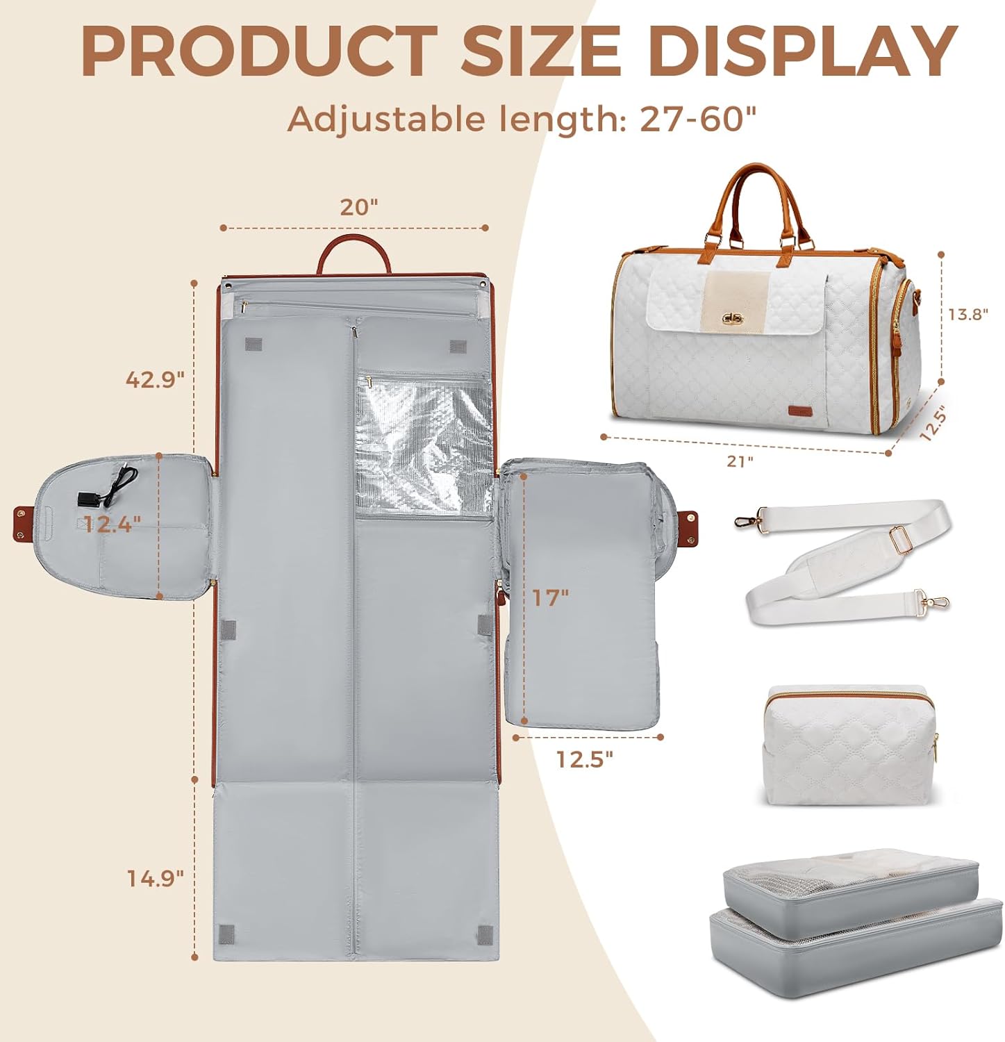 Ytonet Convertible Garment Duffle Bags for Travel, 60L Large Carry On Garment Bag Women with Double Layer Space, 2 in 1 Suit Travel Bag Overnight Bags with Packing Cube for Hanging Clothes 4pcs Set - Image 9