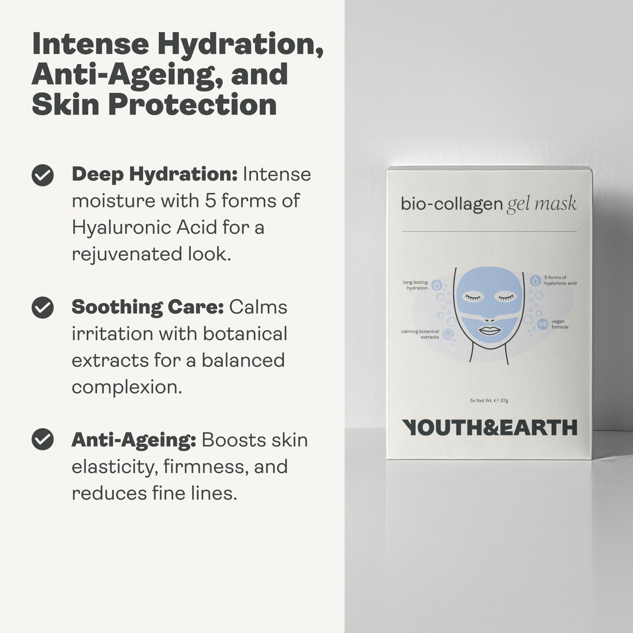 Youth and Earth Bio-Collageno Maschera Viso all'Acido Ialuronico - Confezione da 5 - Maschere Viso Anti-Età per Donna - Maschera Viso Idratante - Trattamento Viso