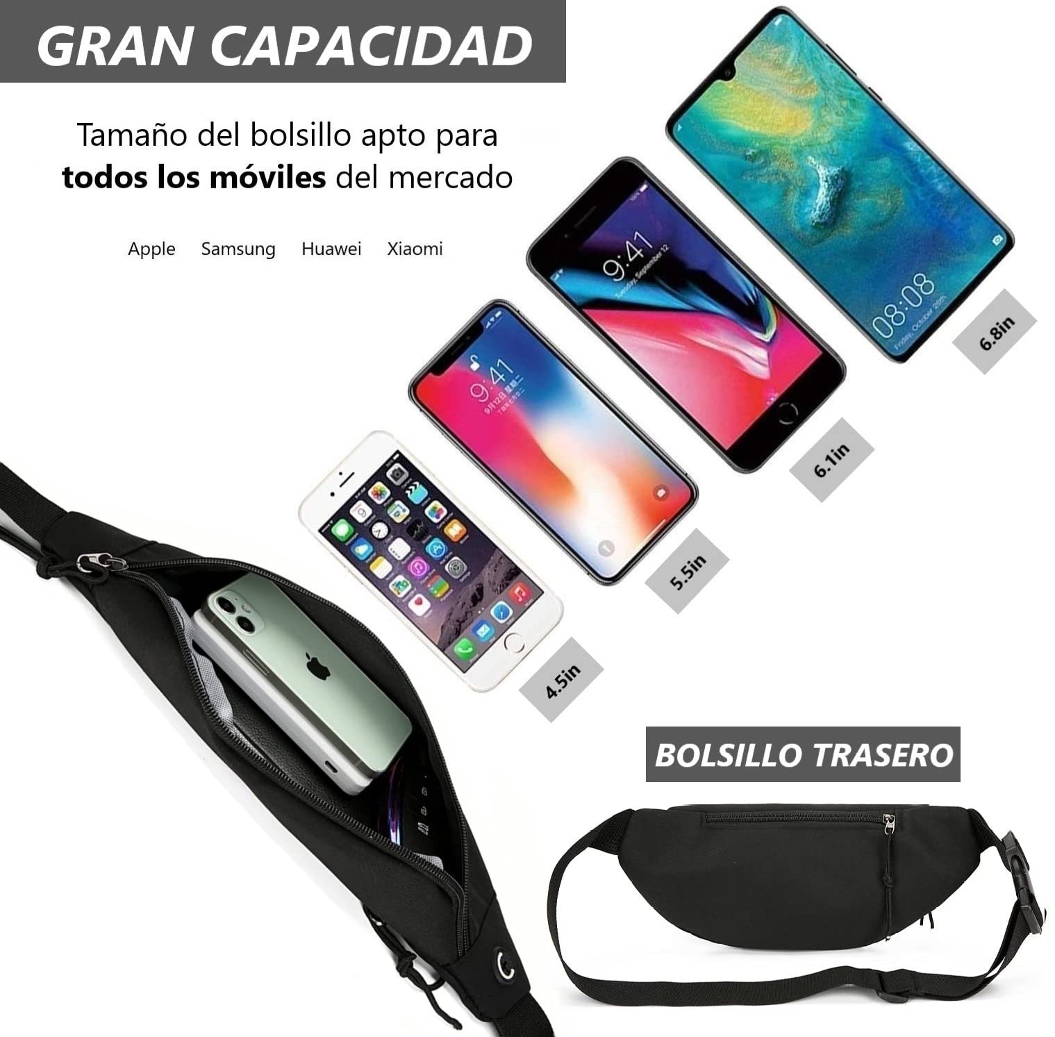 Riñonera Deportiva para Hombre y Mujer de Tela con Cinturón Ajustable para Entrenamiento al Aire Libre, Senderismo, Viaje y Casual, Colgante para Llaves Gratis de Regalo. (Negro)