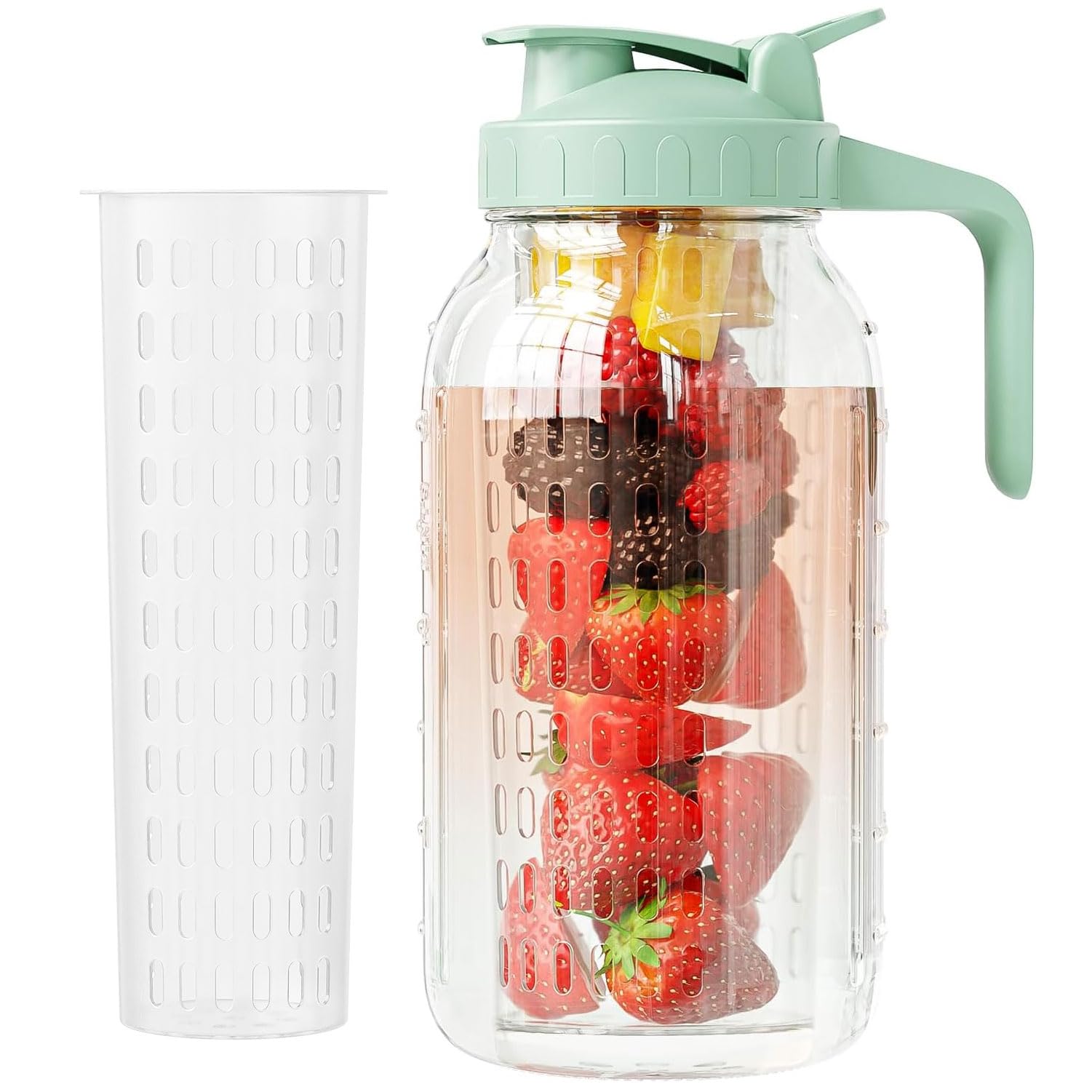 JunVpic Fruit Infuser Water Pitcher,Glass Mason Jar Pitcher,64oz(2 Quart) Wide Mouth Jug with Pour Spout Handle Lid for Fruit Drinks,Cold Brew Coffee,Ice Beverage,Iced Juice,Lemonade,Sun Tea Container