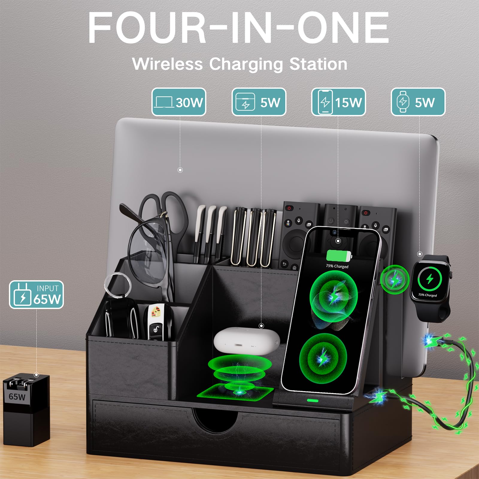 Black PU Leather 6-in-1 Charging Station with Drawer - Dettaglio