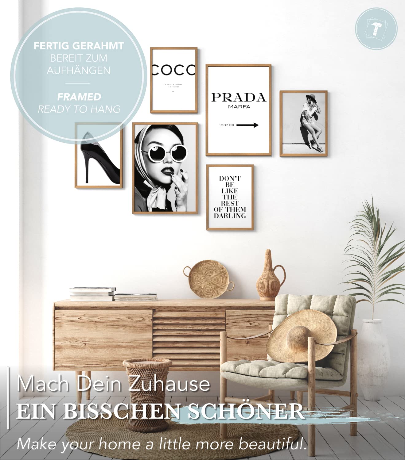 Papierschmiede® Mood Poster Set Coco blanco-negro, Cuadros enmarcados en marcos de madera negros, Living y dormitorio, 2x A3 y 4x A4, Glamour Estilo de vida Moda